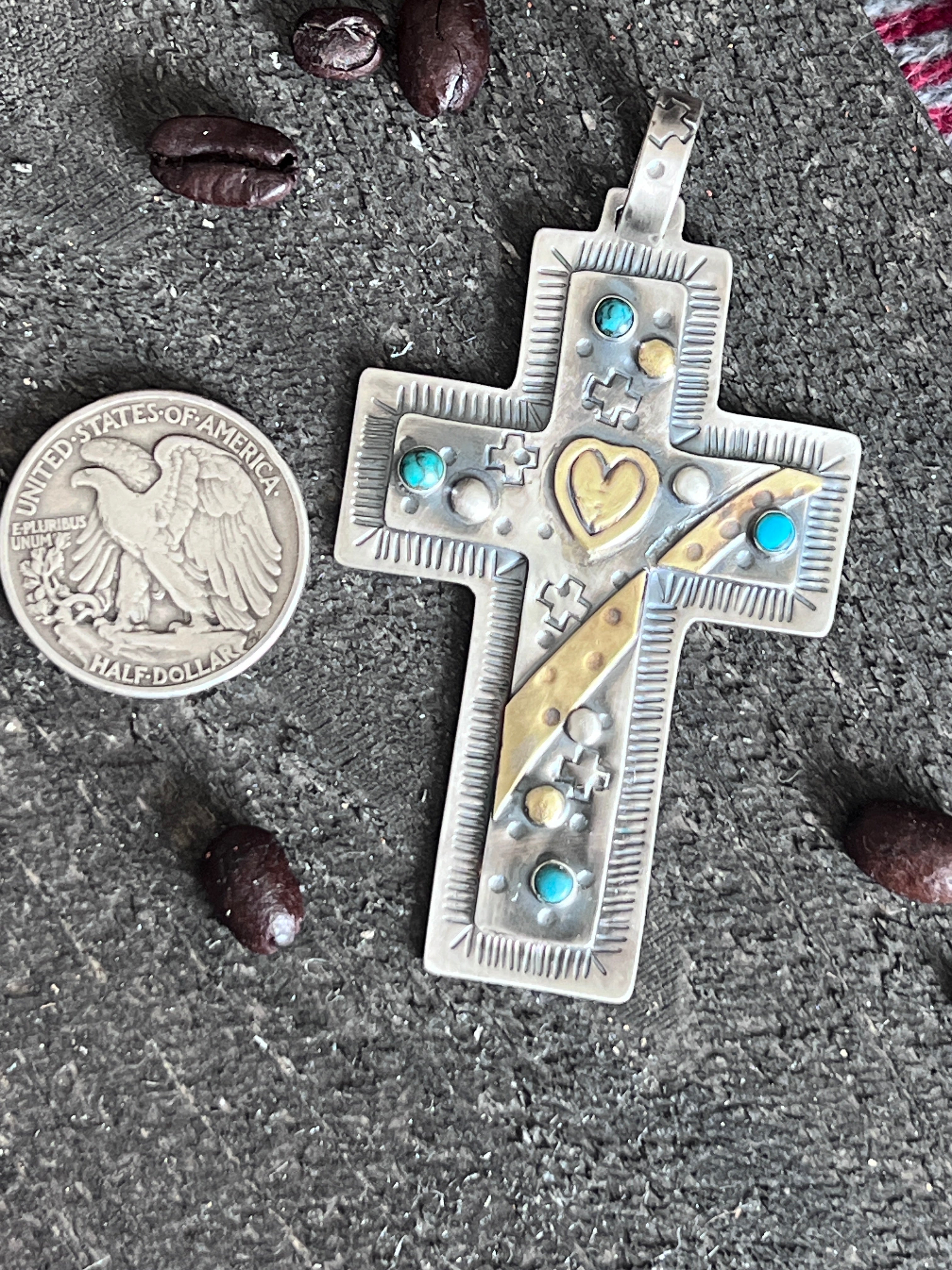 Hand Stamped Sterling Silver & Turquoise Cross Pendant w/ Brass Accents by Kimari Somers
