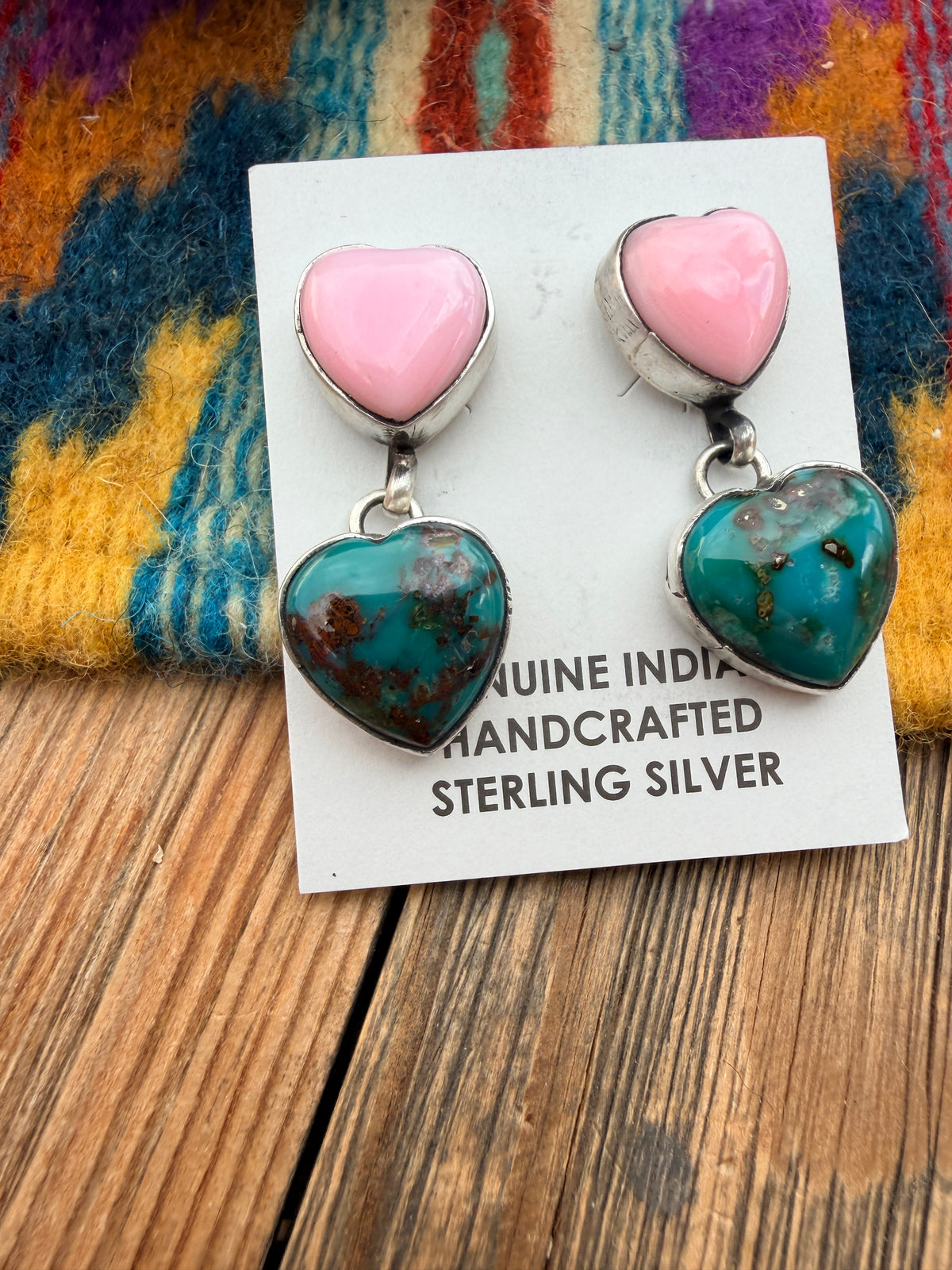 Handcrafted Turquoise, Queen Pink Conch & Sterling Silver Heart Dangle Earrings by Marcella James