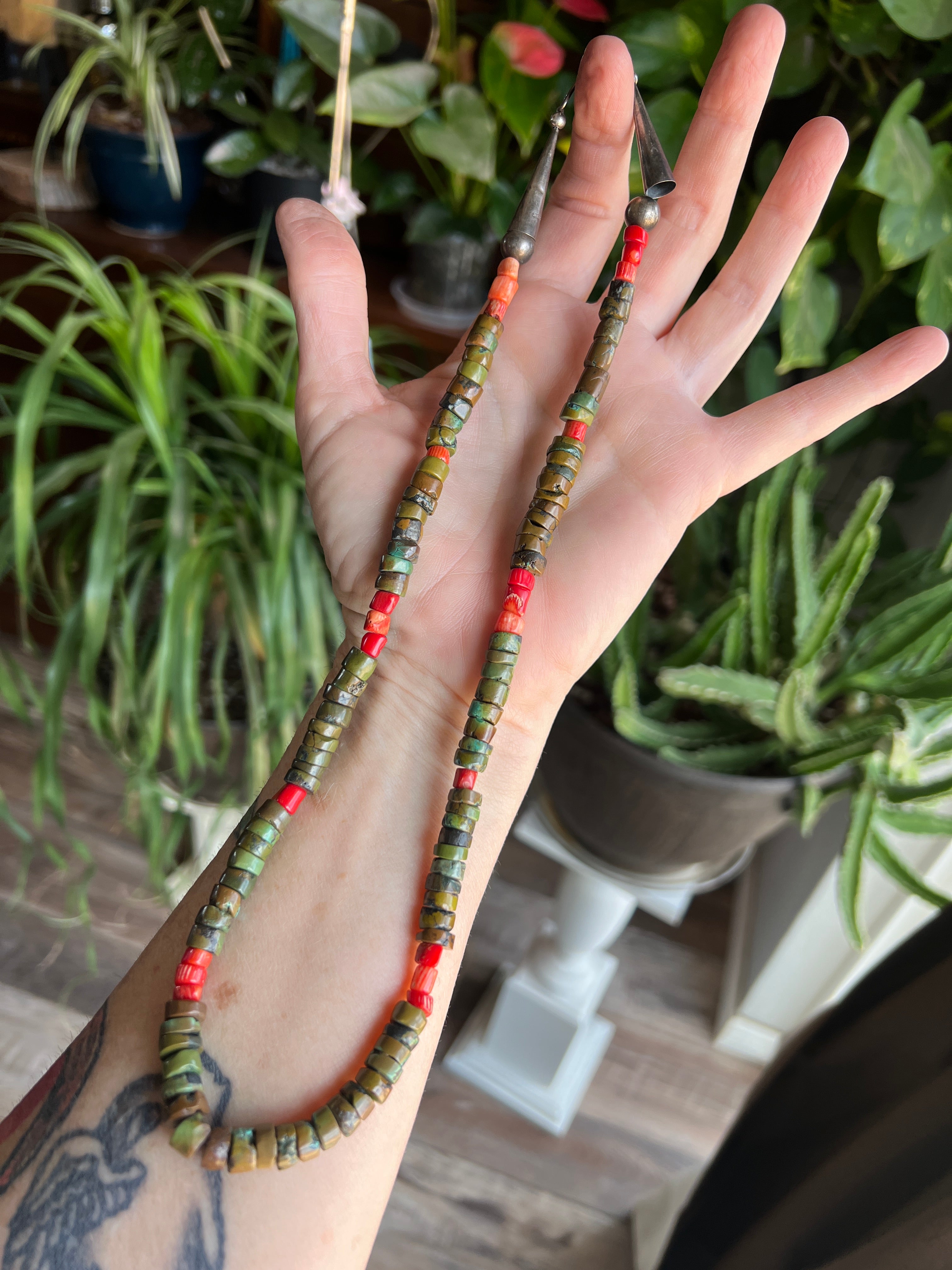 Handcrafted Hubei Turquoise Beaded Necklace with Sterling Silver and Bamboo Coral by Kirby Smith: 13 To Choose From!