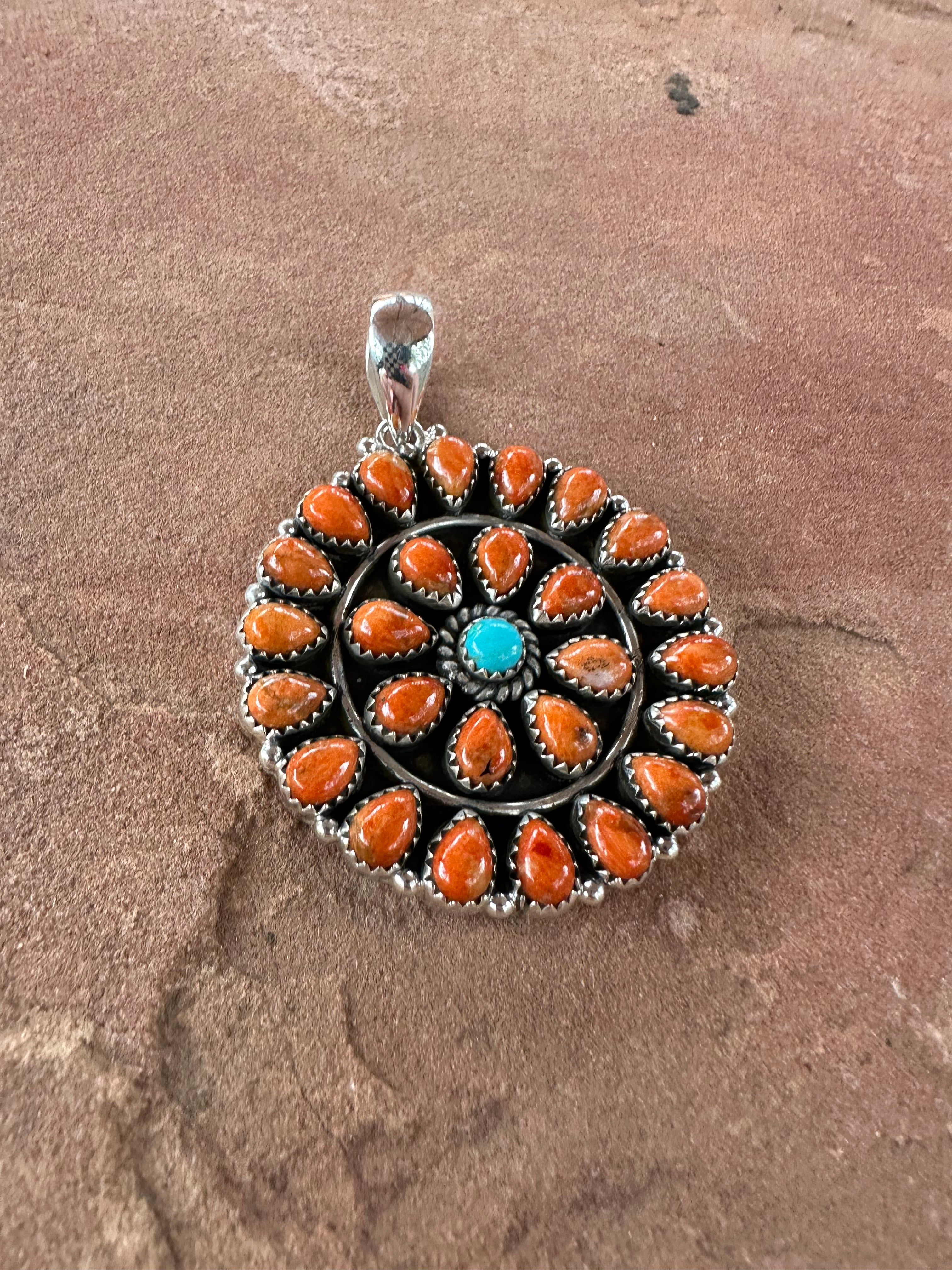 Beautiful Handmade Sterling Silver, Orange Mojave & Turquoise Cluster Pendant