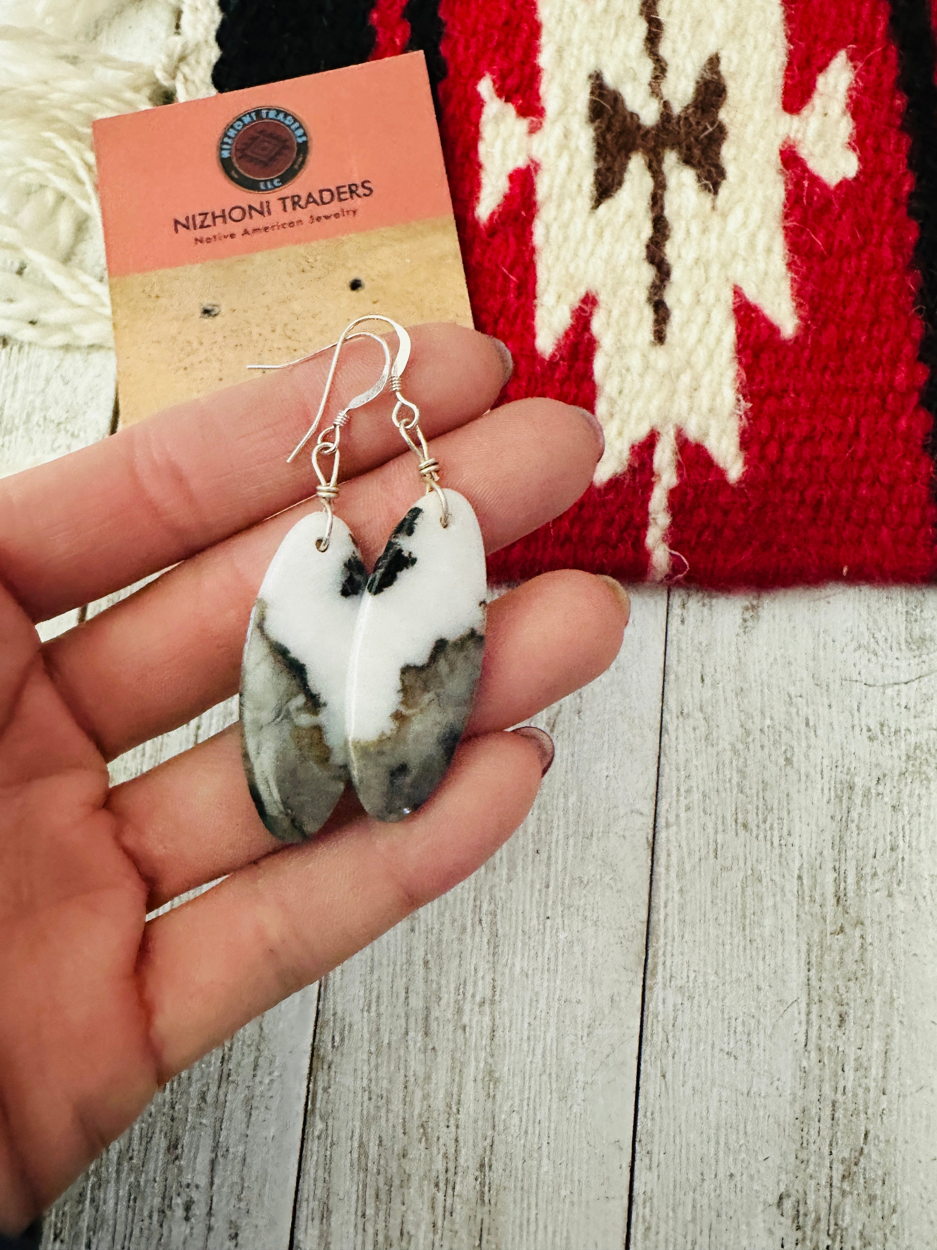 Navajo Sterling Silver & Zebra Jasper Slab Dangle Earrings