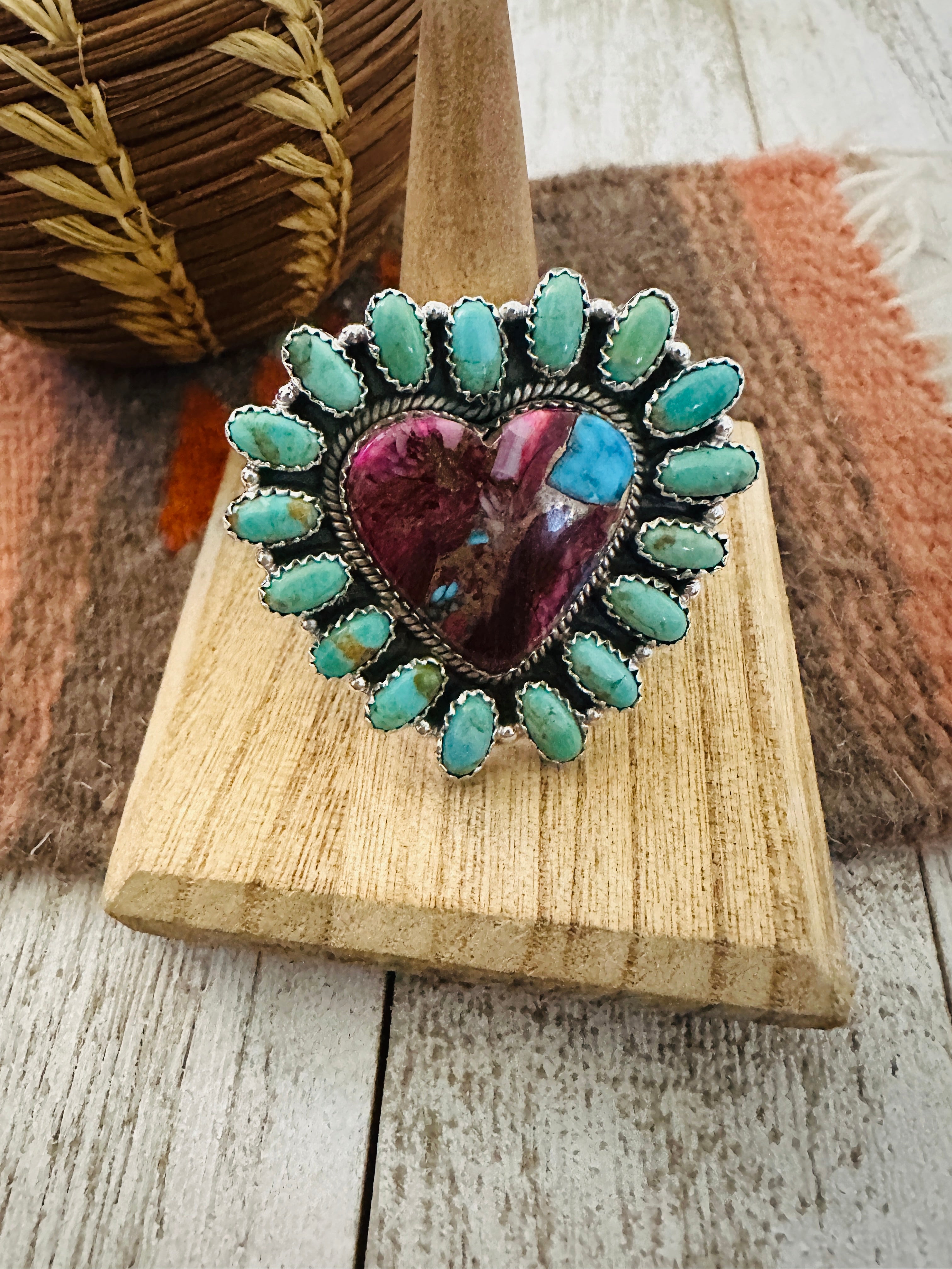 Handmade Sterling Silver, Pink Dream & Turquoise Cluster Adjustable Heart Ring by Nizhoni