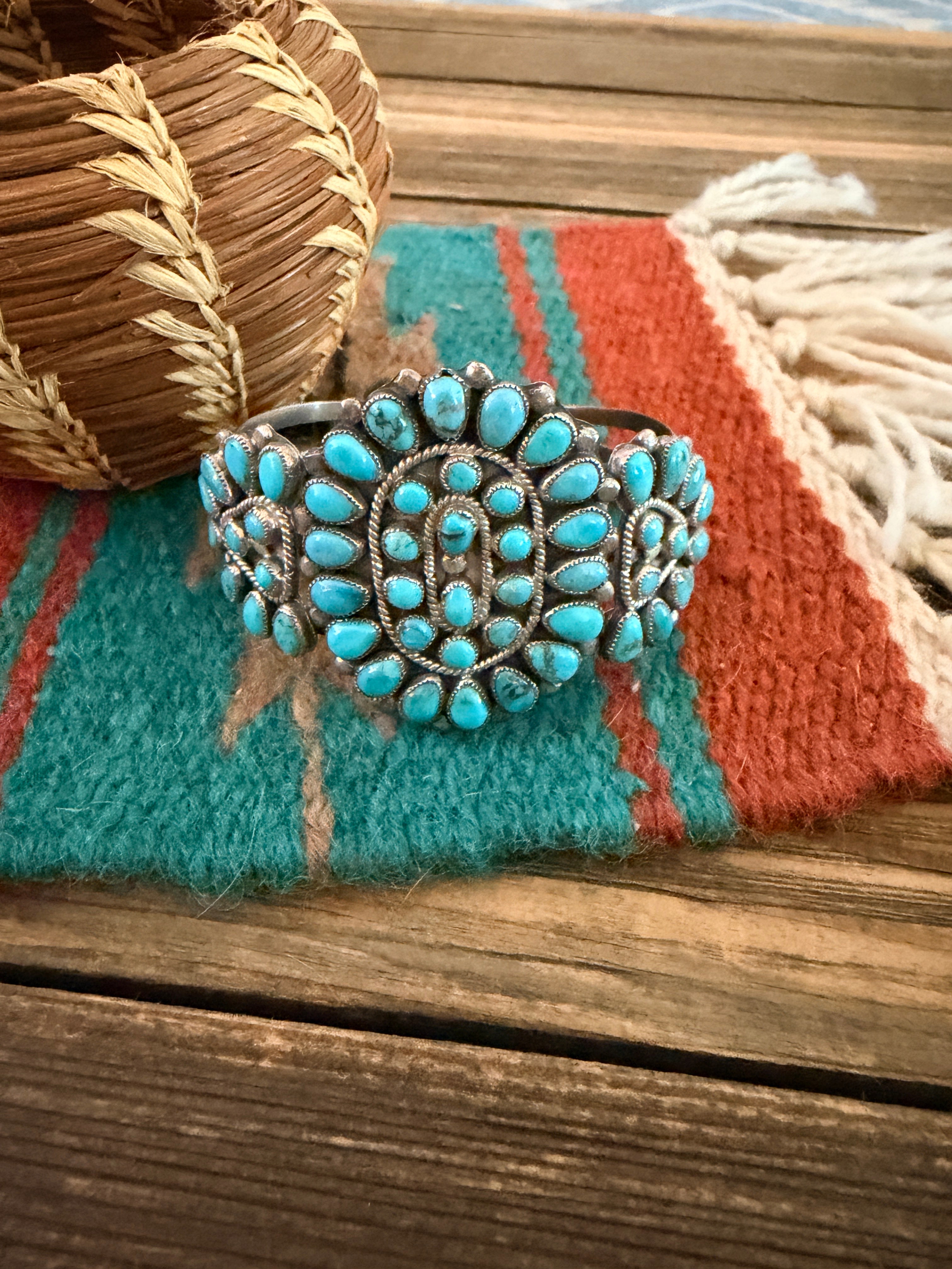 Handcrafted Old Pawn Sterling Silver & Turquoise Cluster Cuff Bracelet