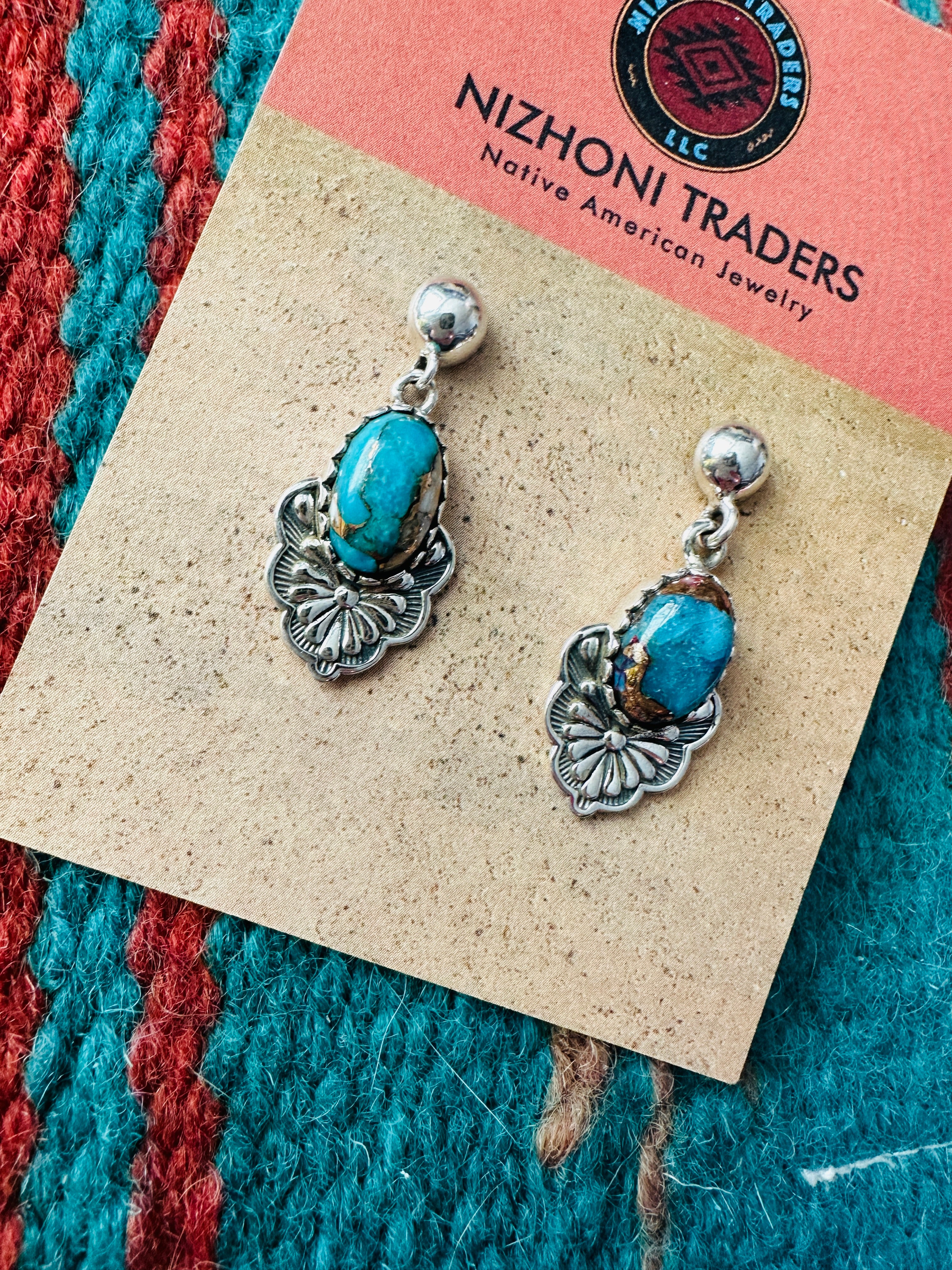 Handmade Turquoise Mojave & Sterling Silver Dangle Earrings Signed Nizhoni