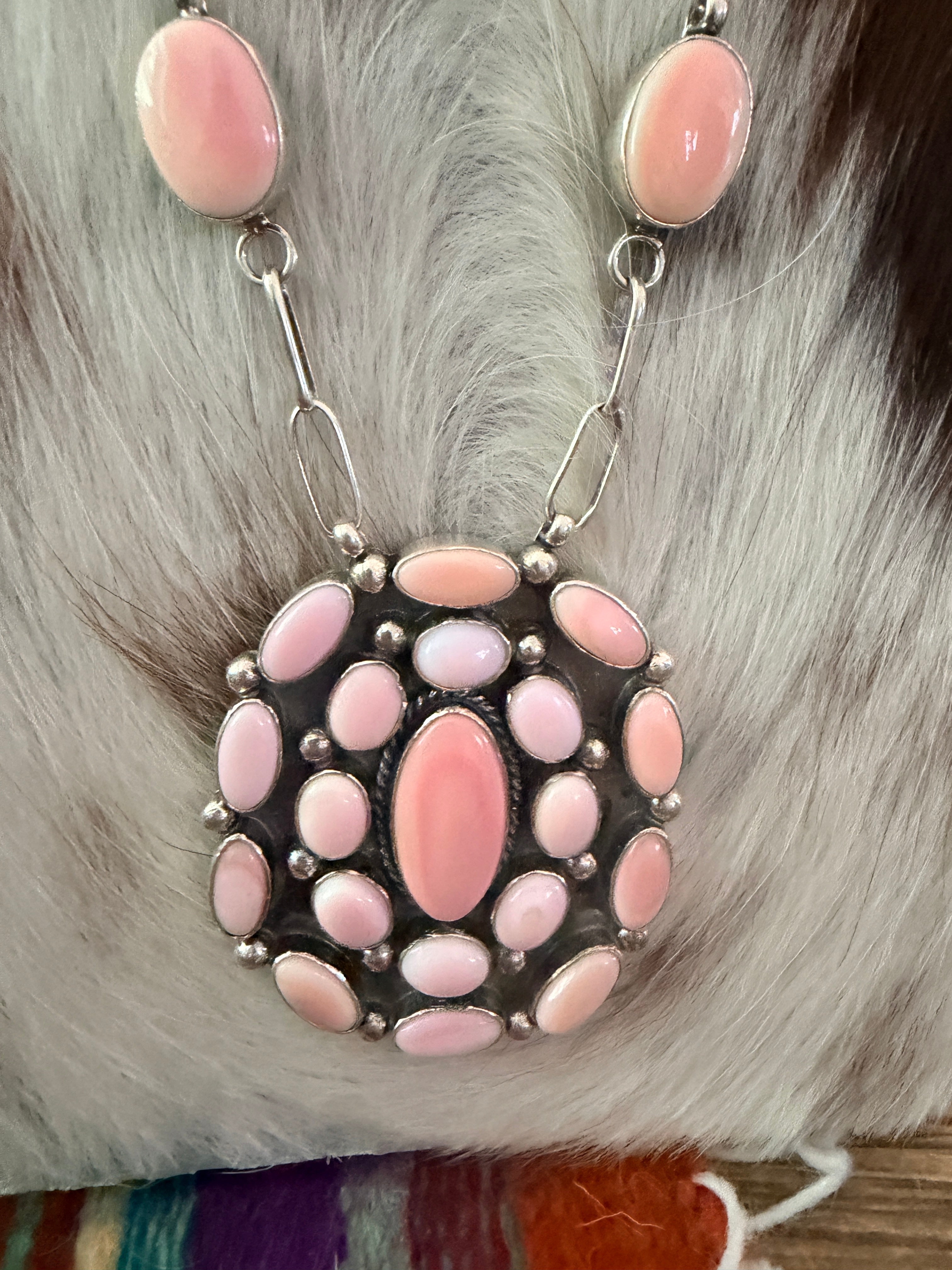 Handcrafted Queen Pink Conch & Sterling Silver Cluster Necklace and Earring Set