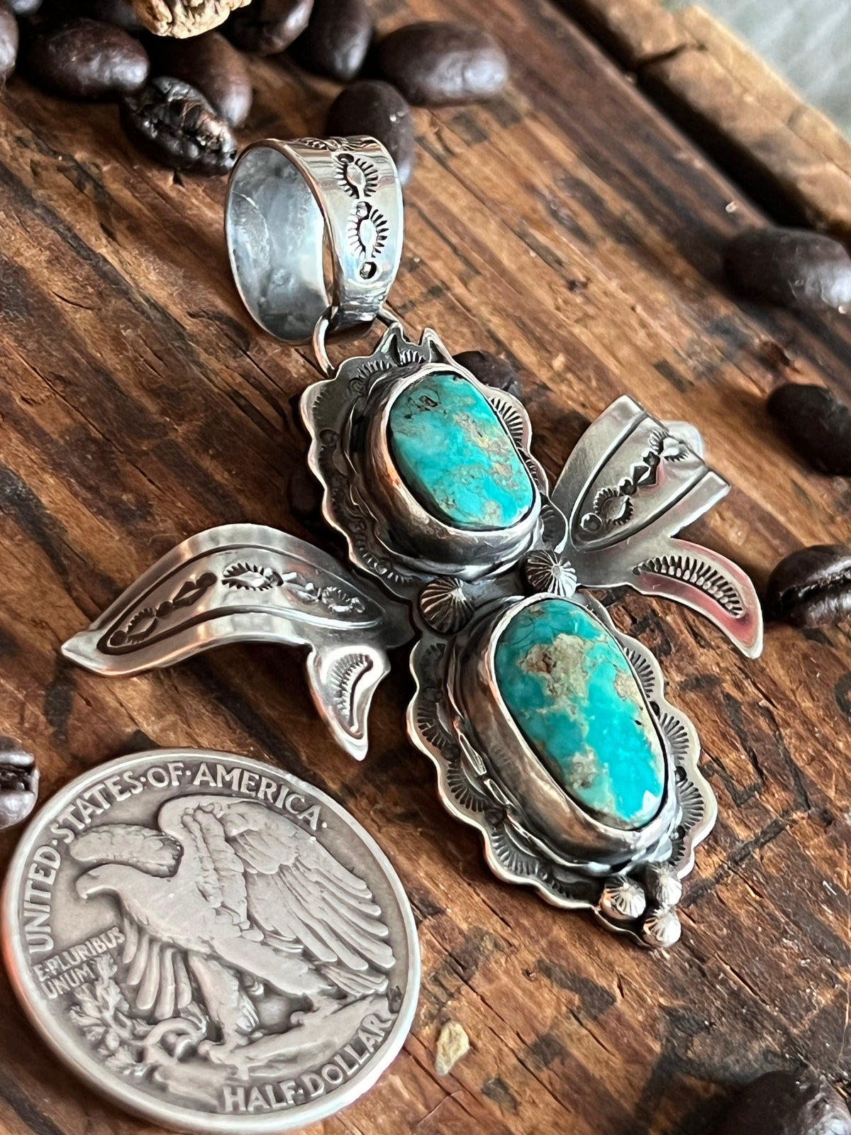 Sterling Silver and Turquoise Winged Bug Pendant by Kimari Somers