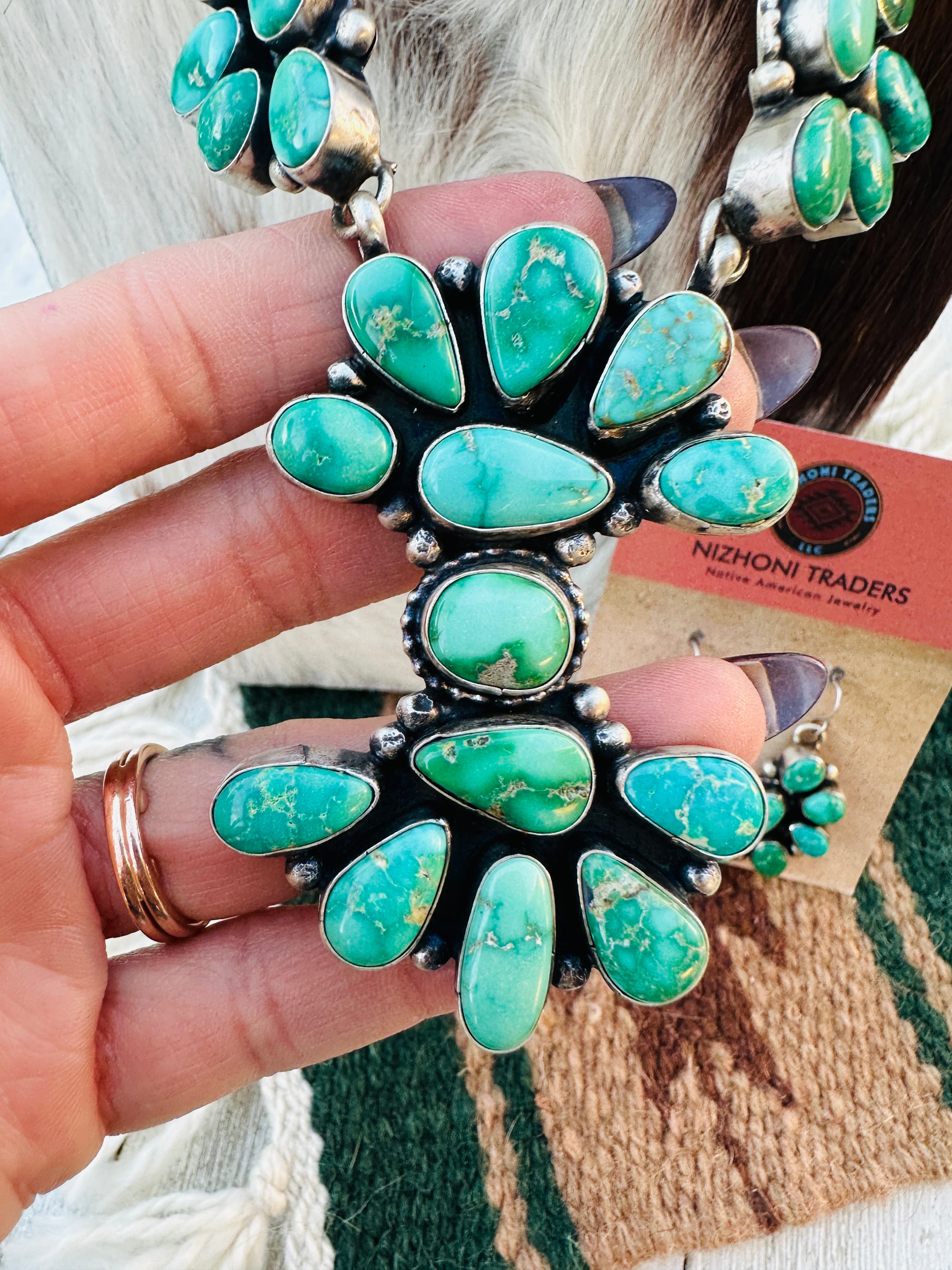 Handcrafted Emerald Valley Turquoise & Sterling Silver Necklace and Earring Set by Sheila Becenti