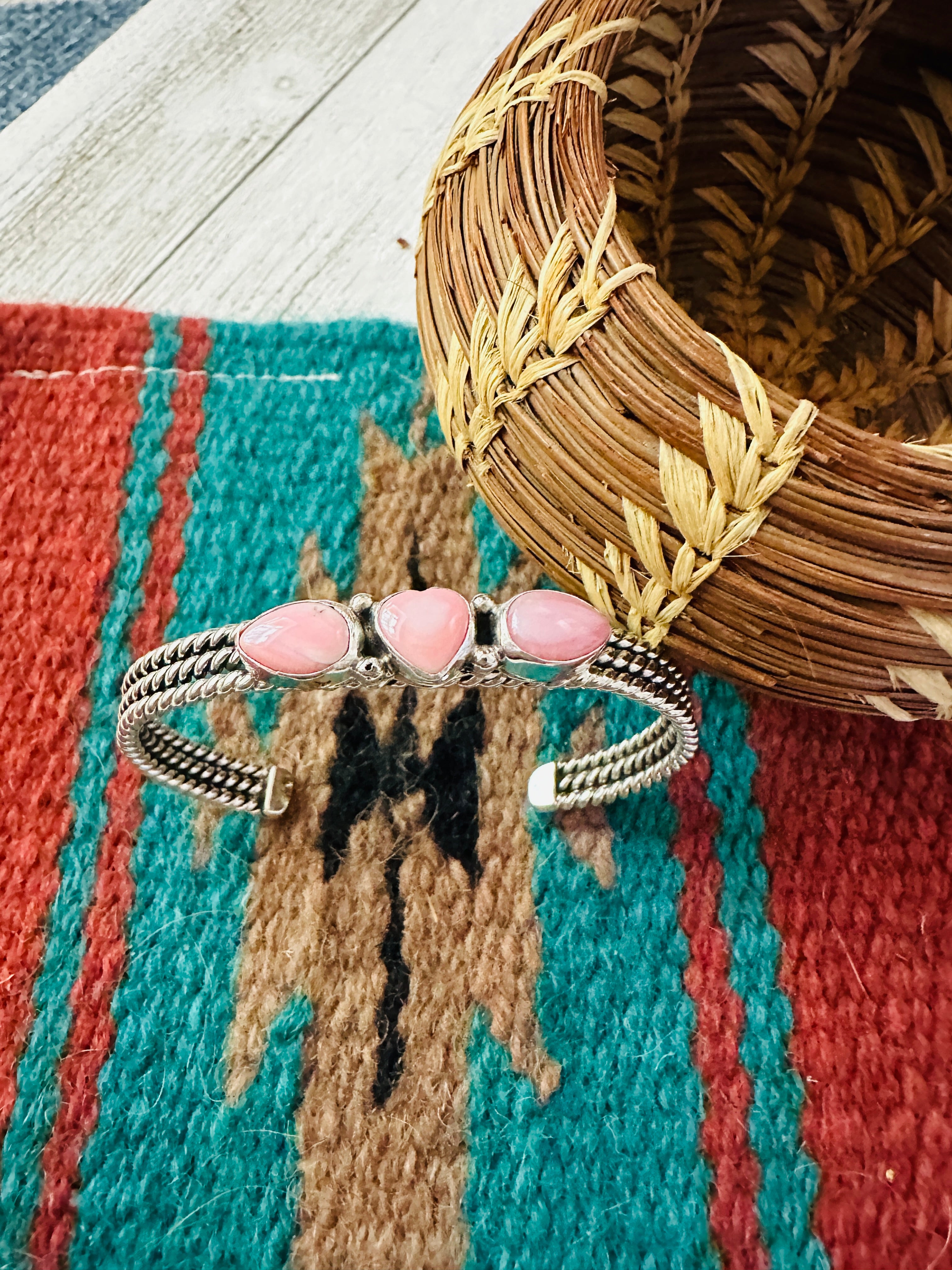 Navajo Queen Pink Conch Shell & Sterling Silver Heart Cuff Bracelet