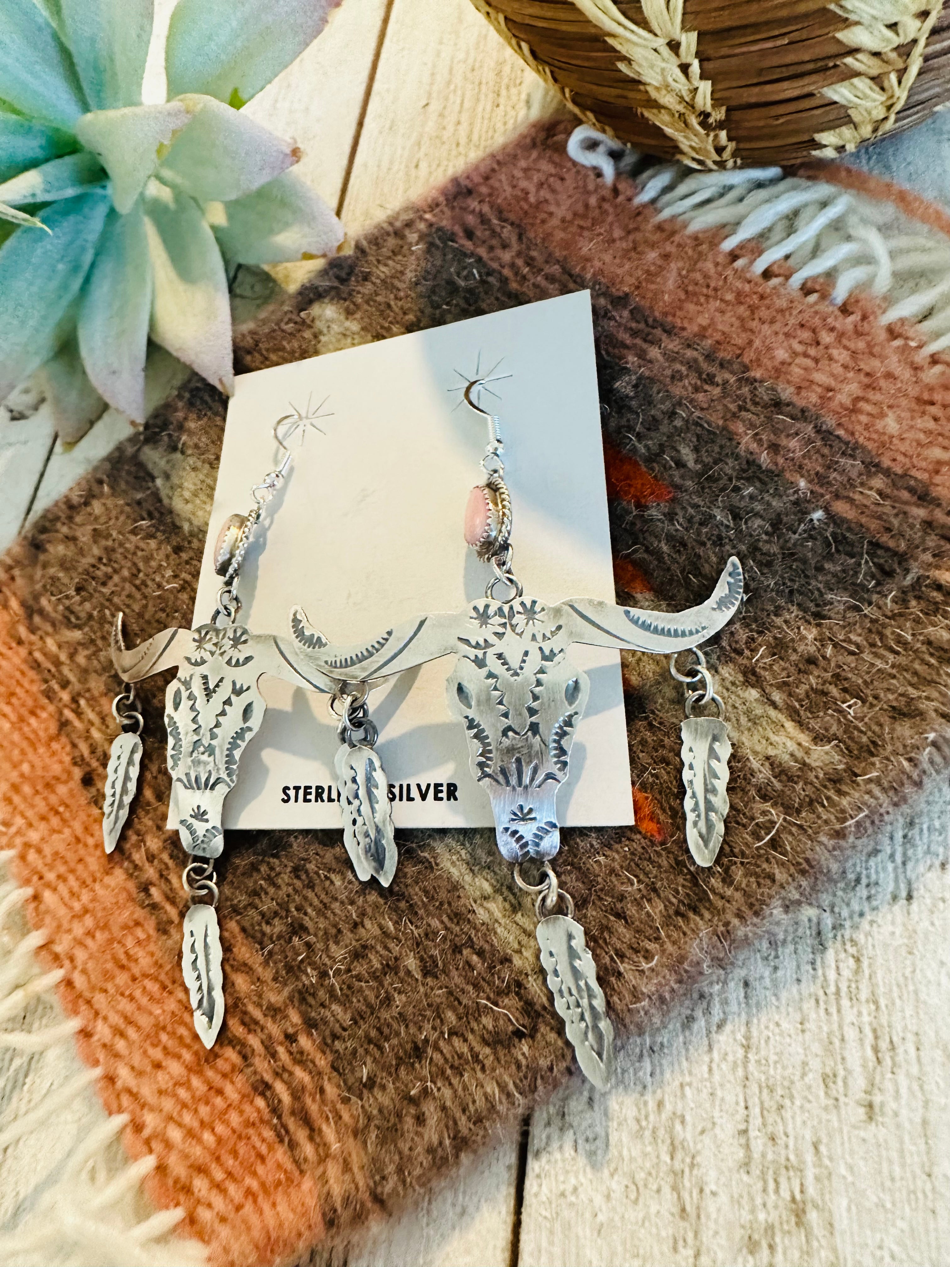 Navajo Queen Pink Conch & Sterling Silver Bull Head Dangle Earrings