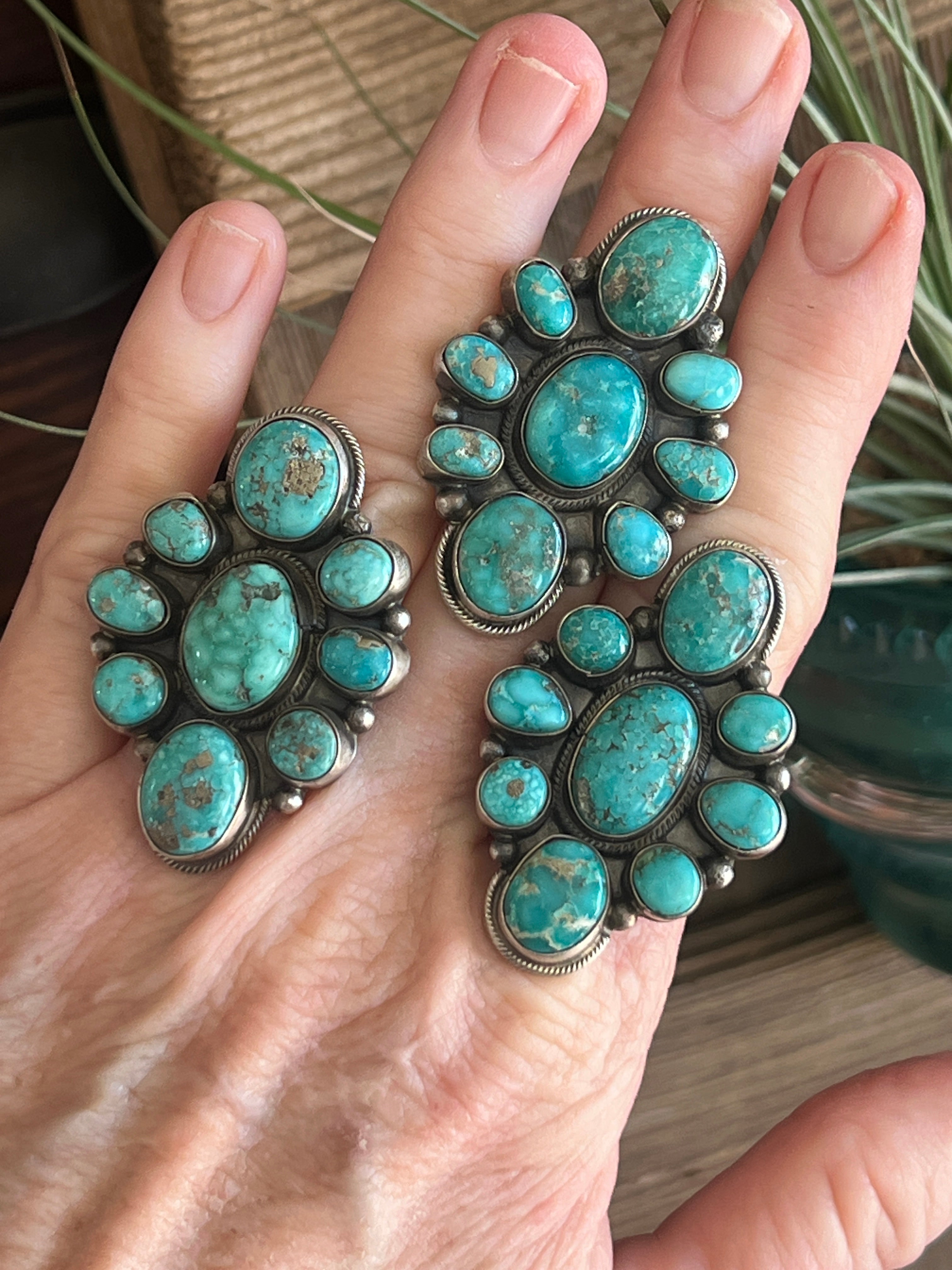 Handcrafted Sterling Silver and Natural Campitos Turquoise Cluster Rings by Sheila Becenti