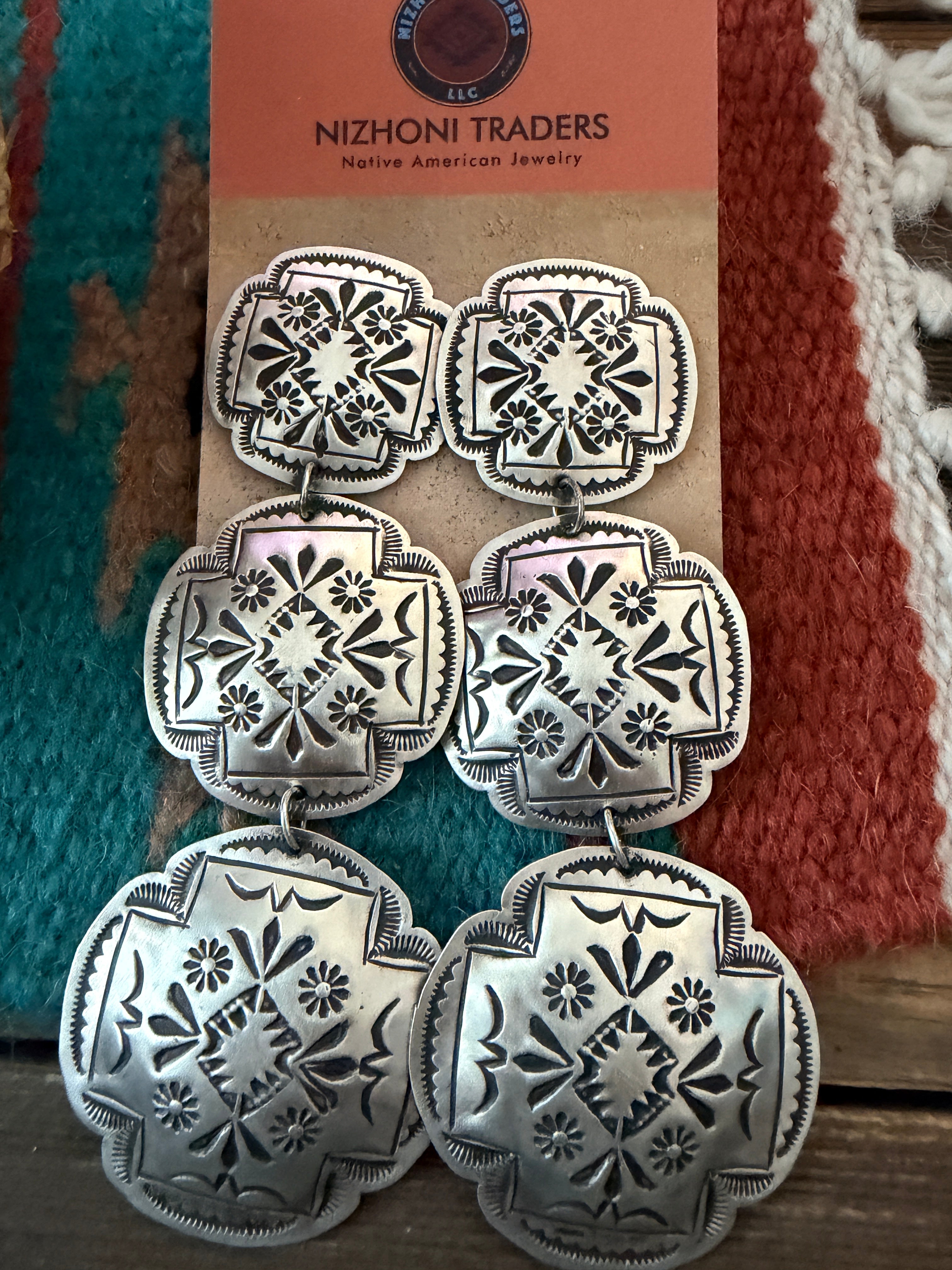 Handcrafted Sterling Silver Concho Dangle Earrings by Leander Tahe