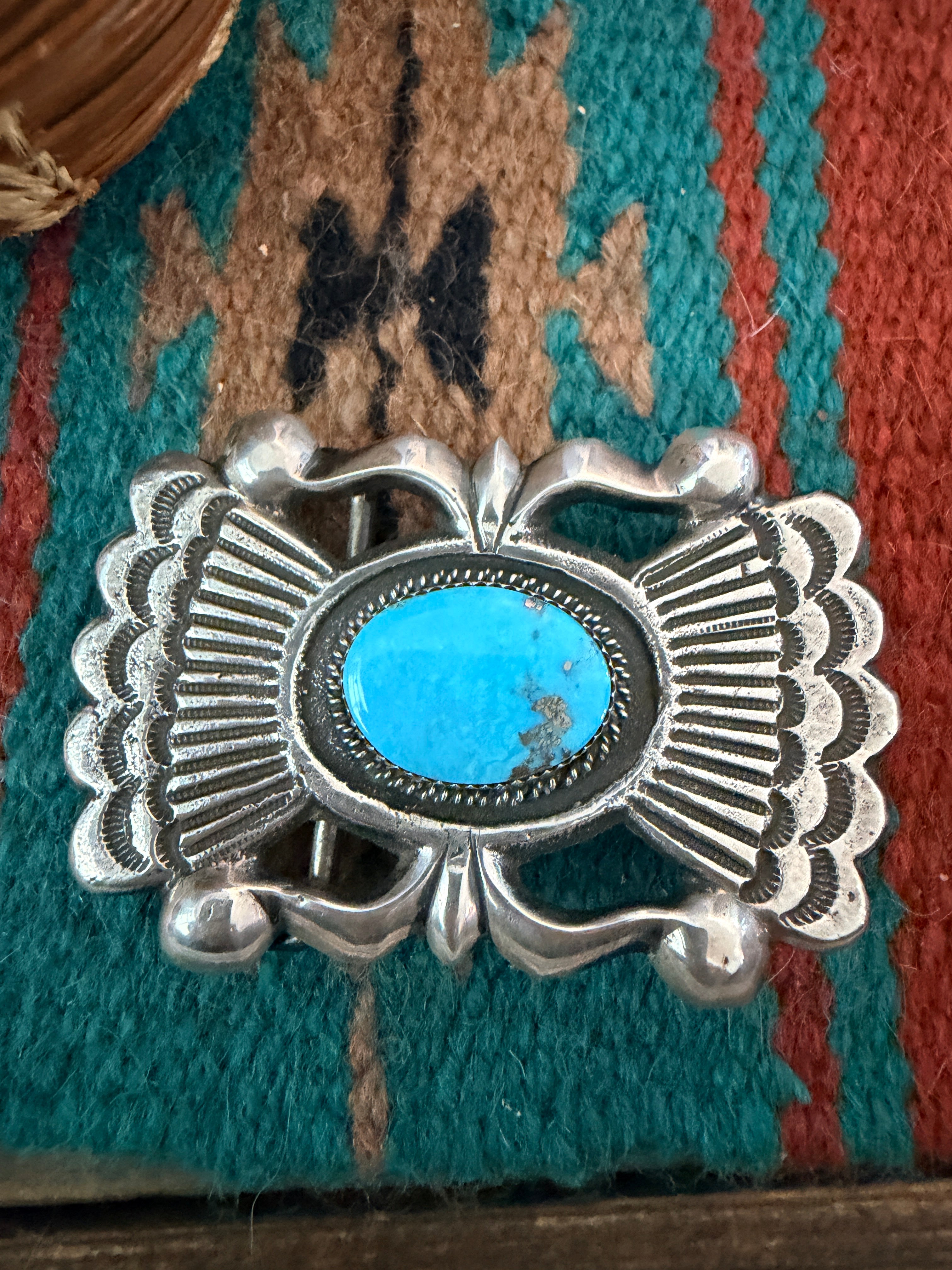 Handcrafted Vintage Old Pawn Sterling Silver and Turquoise Belt Buckle