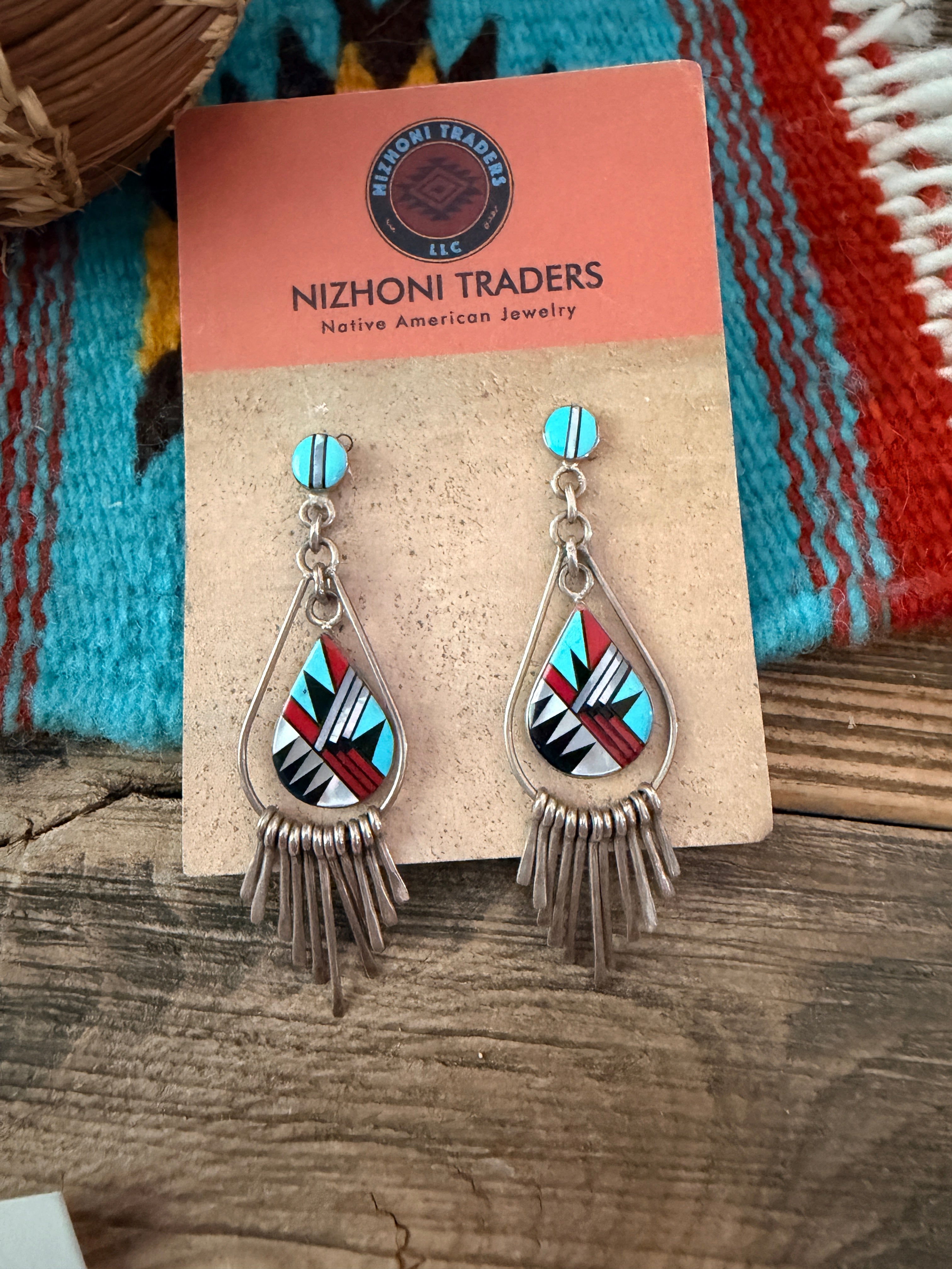 Old Pawn Handcrafted Sterling Silver & Multi Stone Inlay Tassel Dangle Earrings