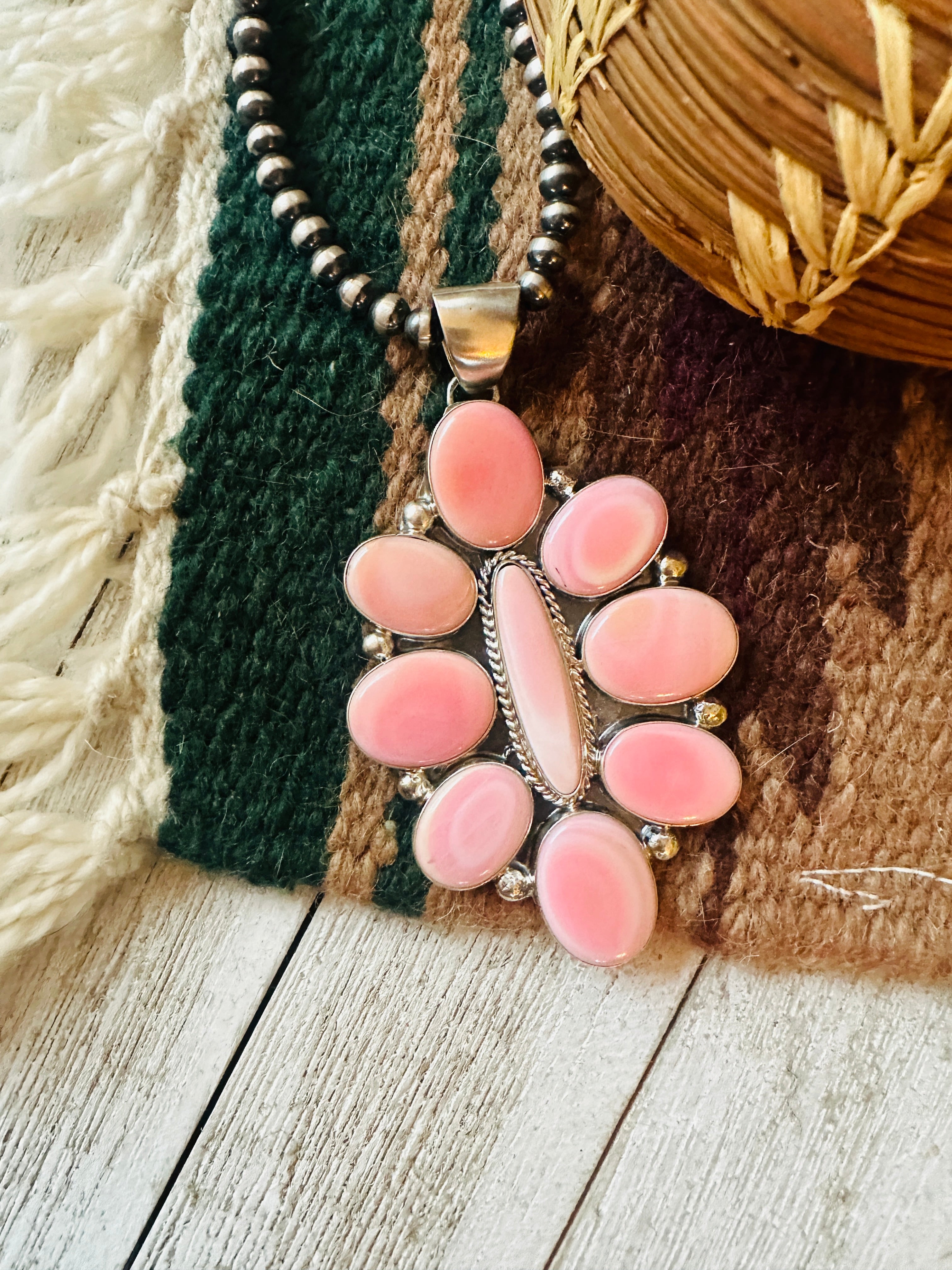 Navajo Queen Pink Conch Shell & Sterling Silver Cluster Pendant