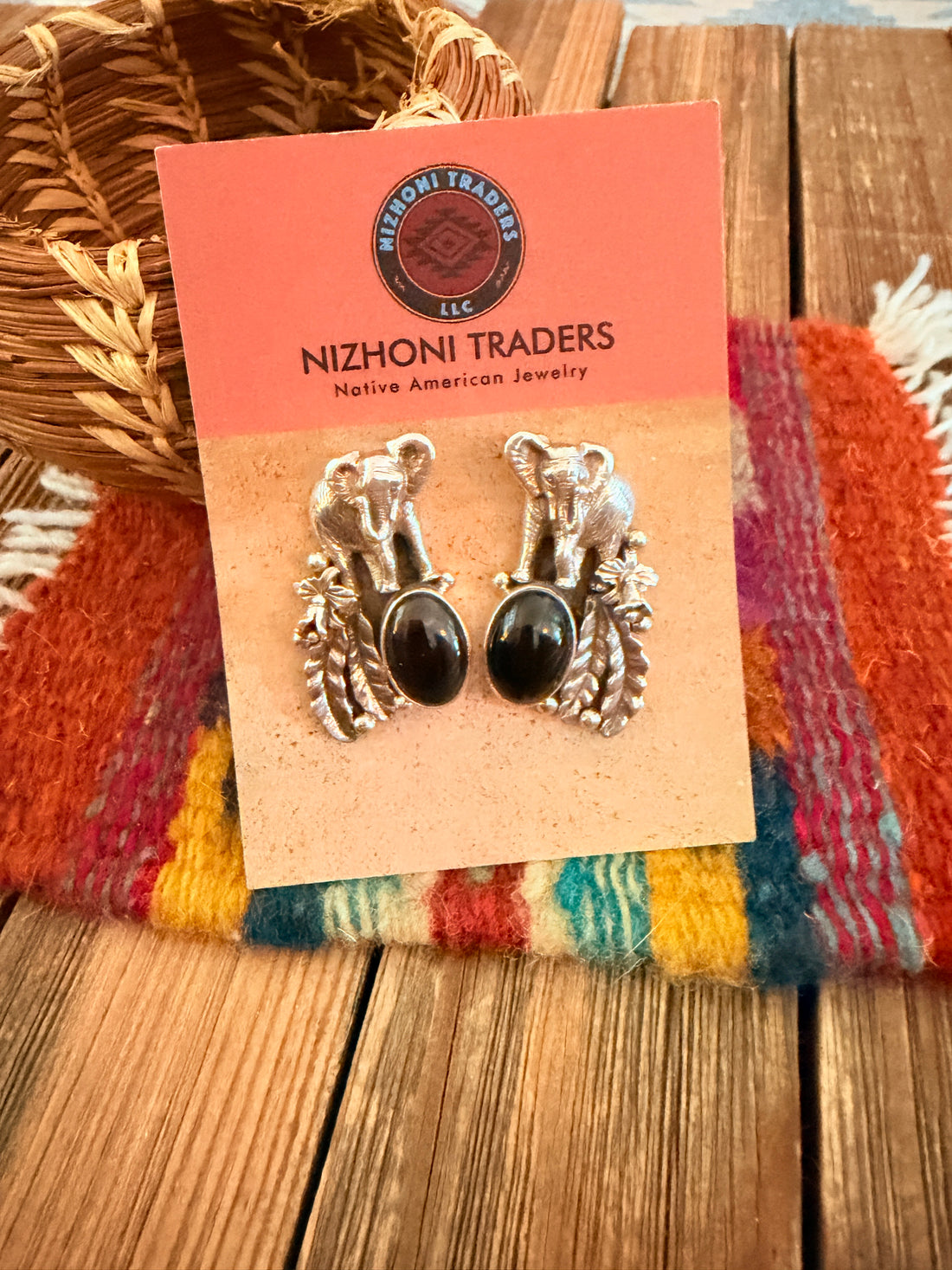 Old Pawn Vintage Handcrafted Onyx & Sterling Silver Elephant Earrings