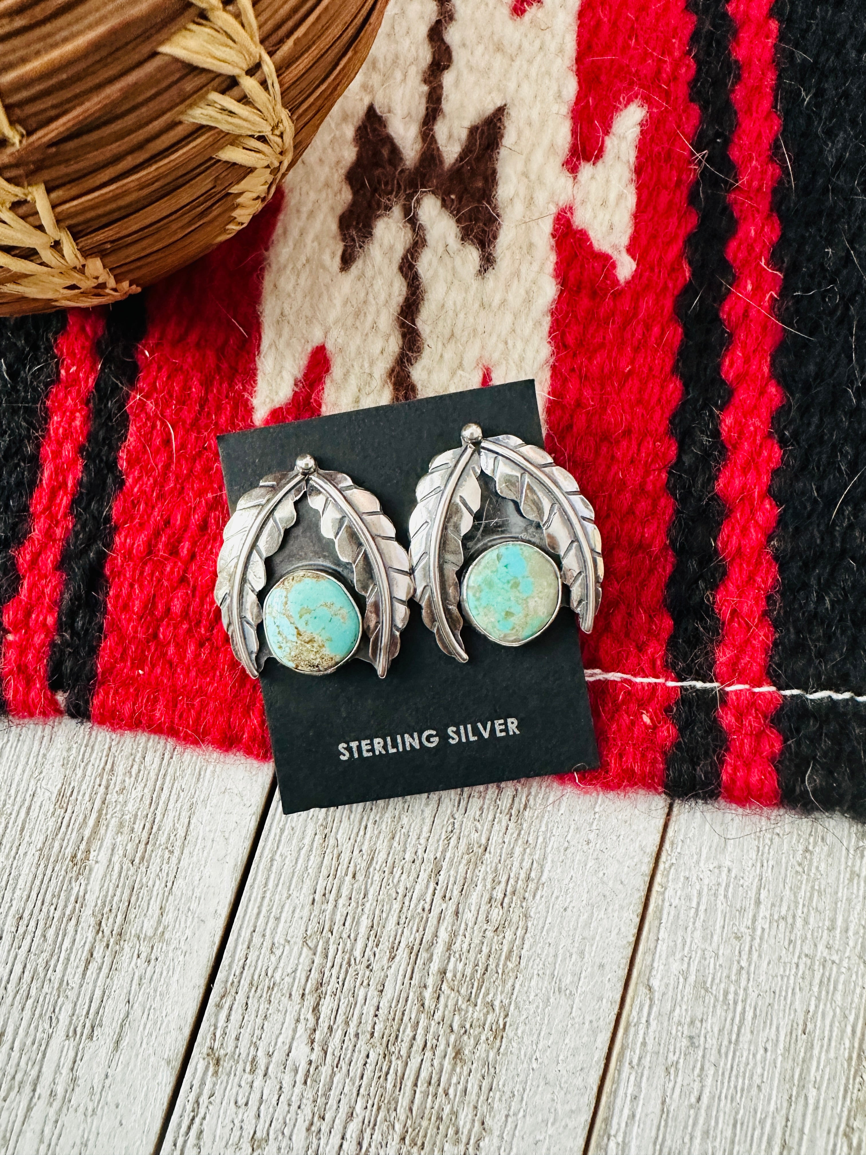 Navajo Number 8 Turquoise & Sterling Silver Leaf Post Earrings