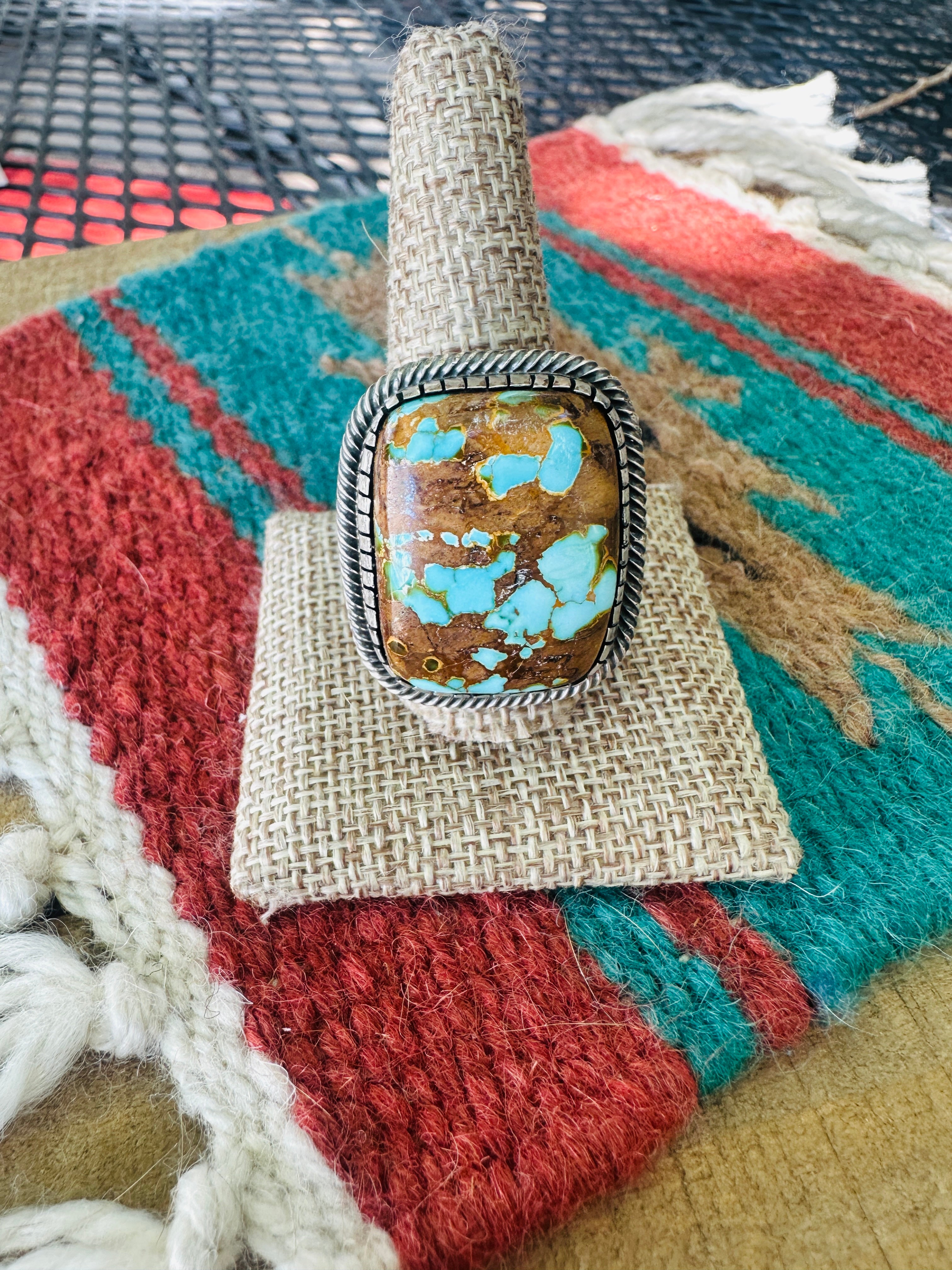 Handcrafted Sterling Silver & Number 8 Turquoise Ring Size 12.5