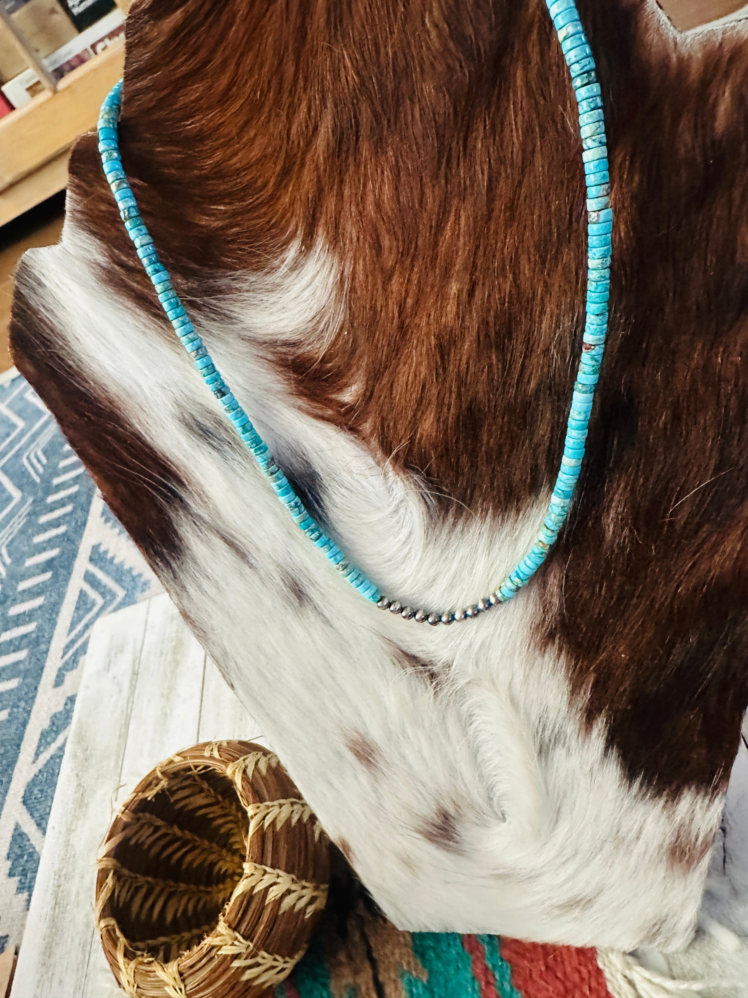 Handcrafted Turquoise & Sterling Silver Pearl Beaded Necklace 18"