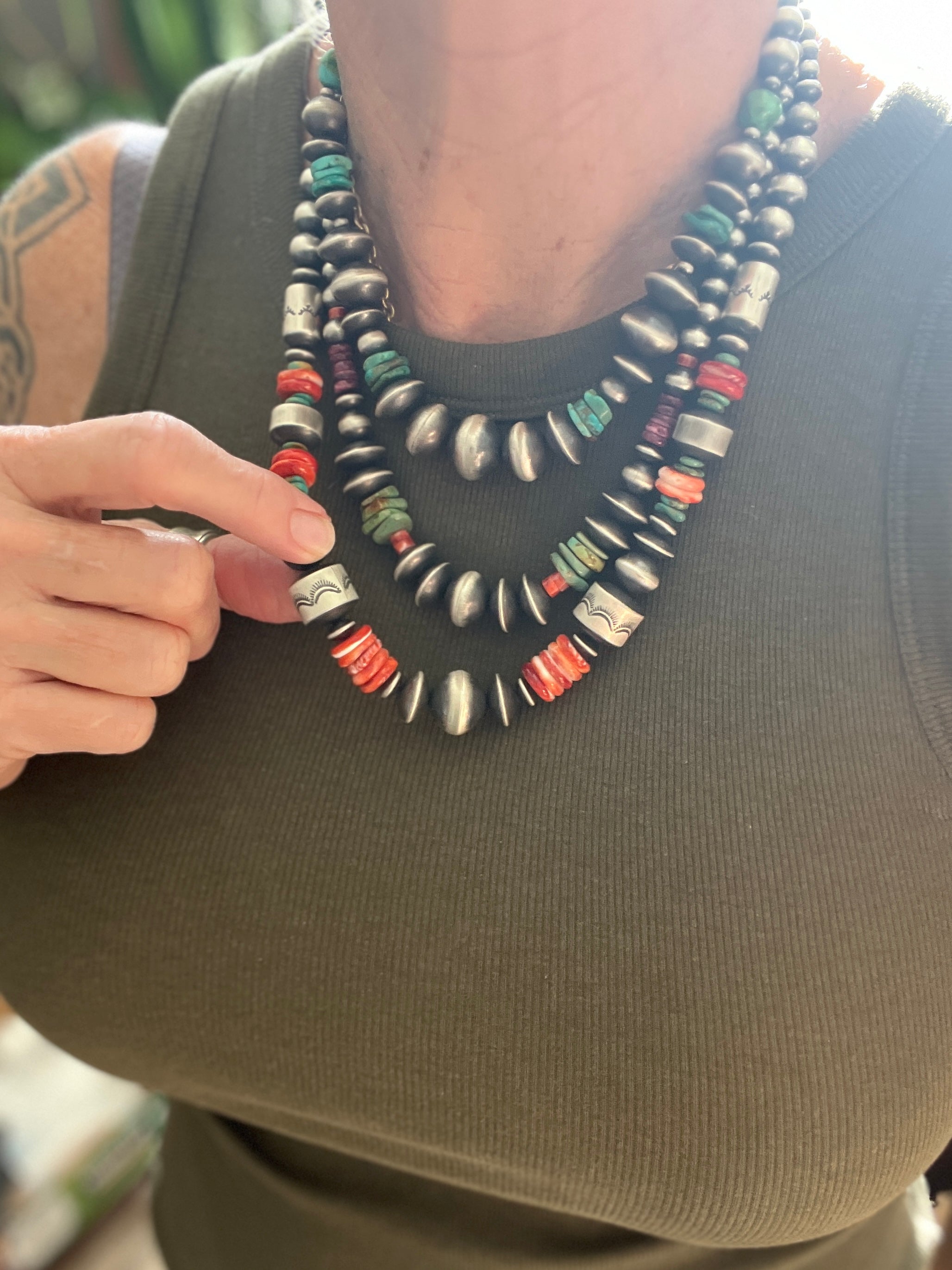 Rose Martin Sterling Silver, Turquoise and Spiny Oyster Single Strand Beaded Necklace, 18 + 1-1/2 inches