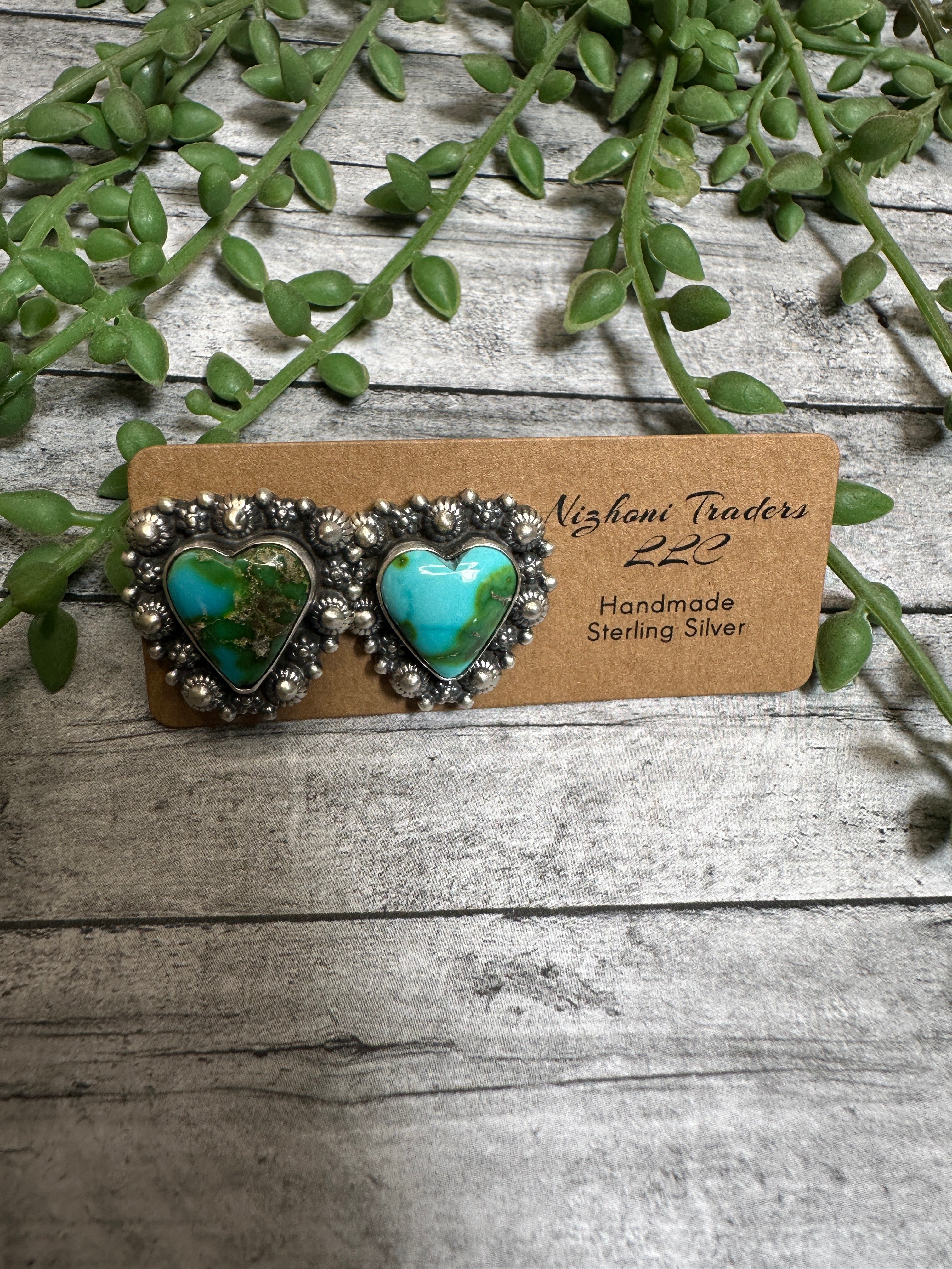 Handmade Sonoran Mountain Turquoise and Sterling Silver Post Heart Earrings BLUES