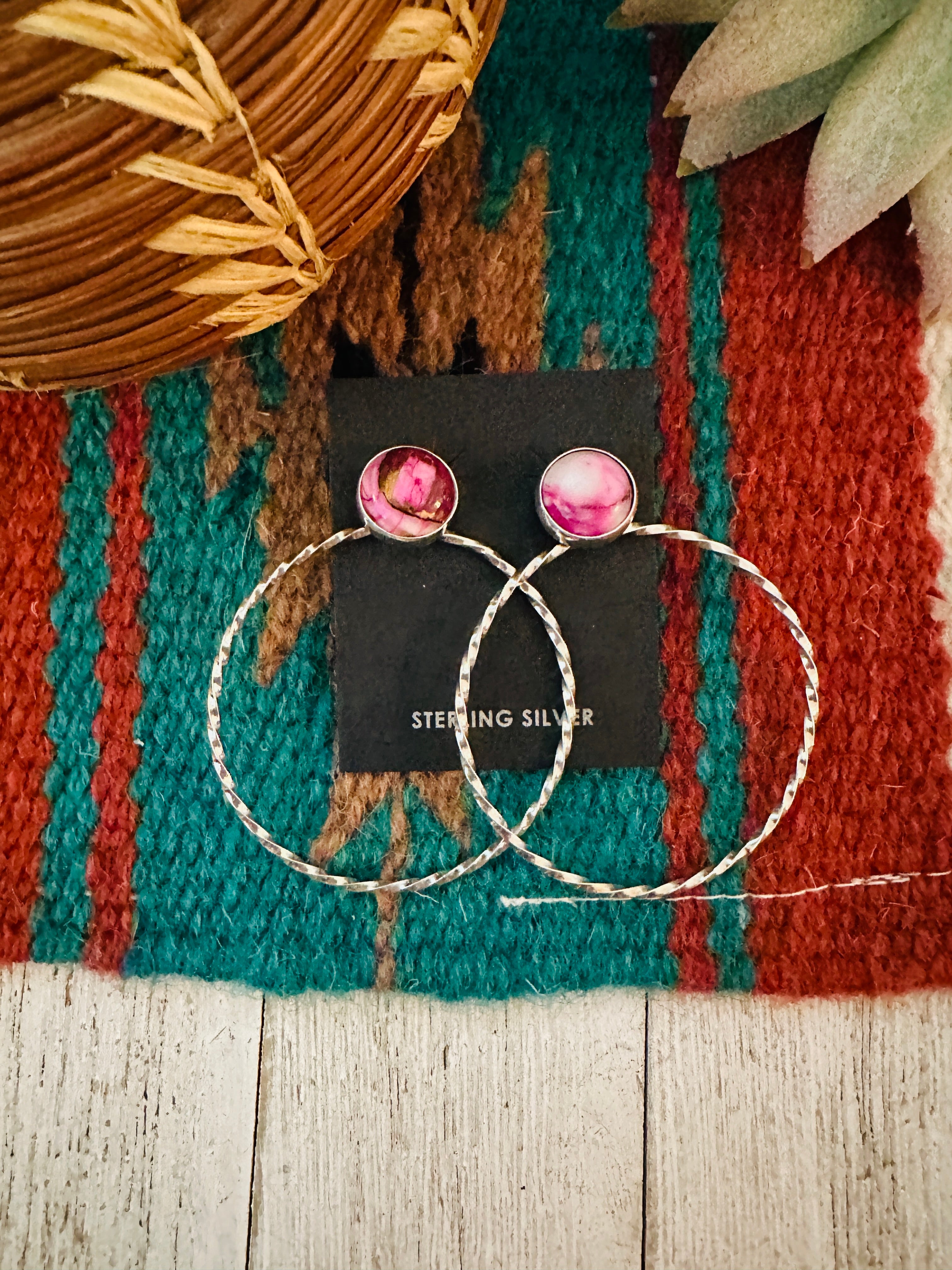 Navajo Pink Mojave & Sterling Silver Dangle Hoop Earrings