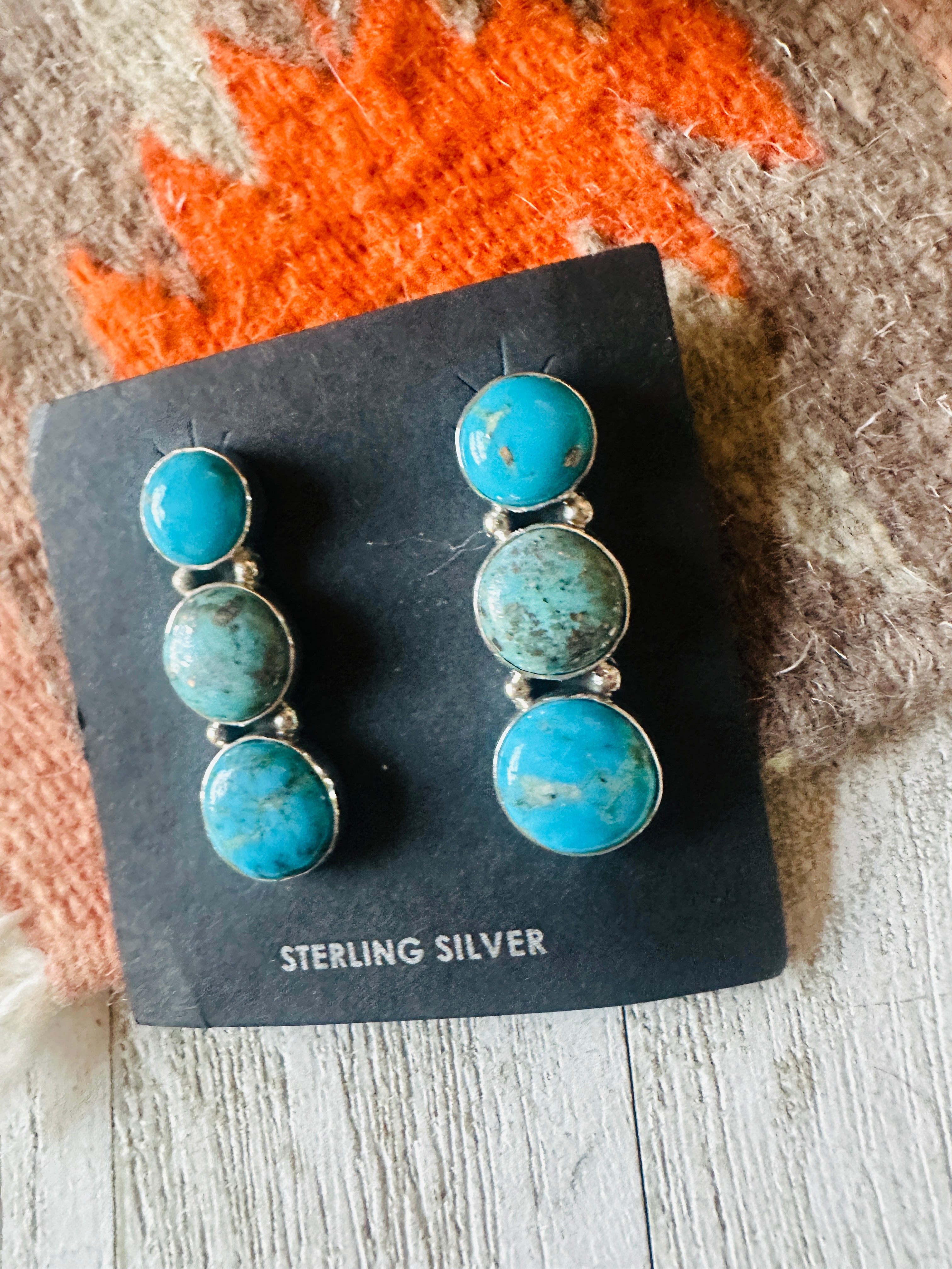 Navajo 3-Stone Turquoise And Sterling Silver Dangle Earrings