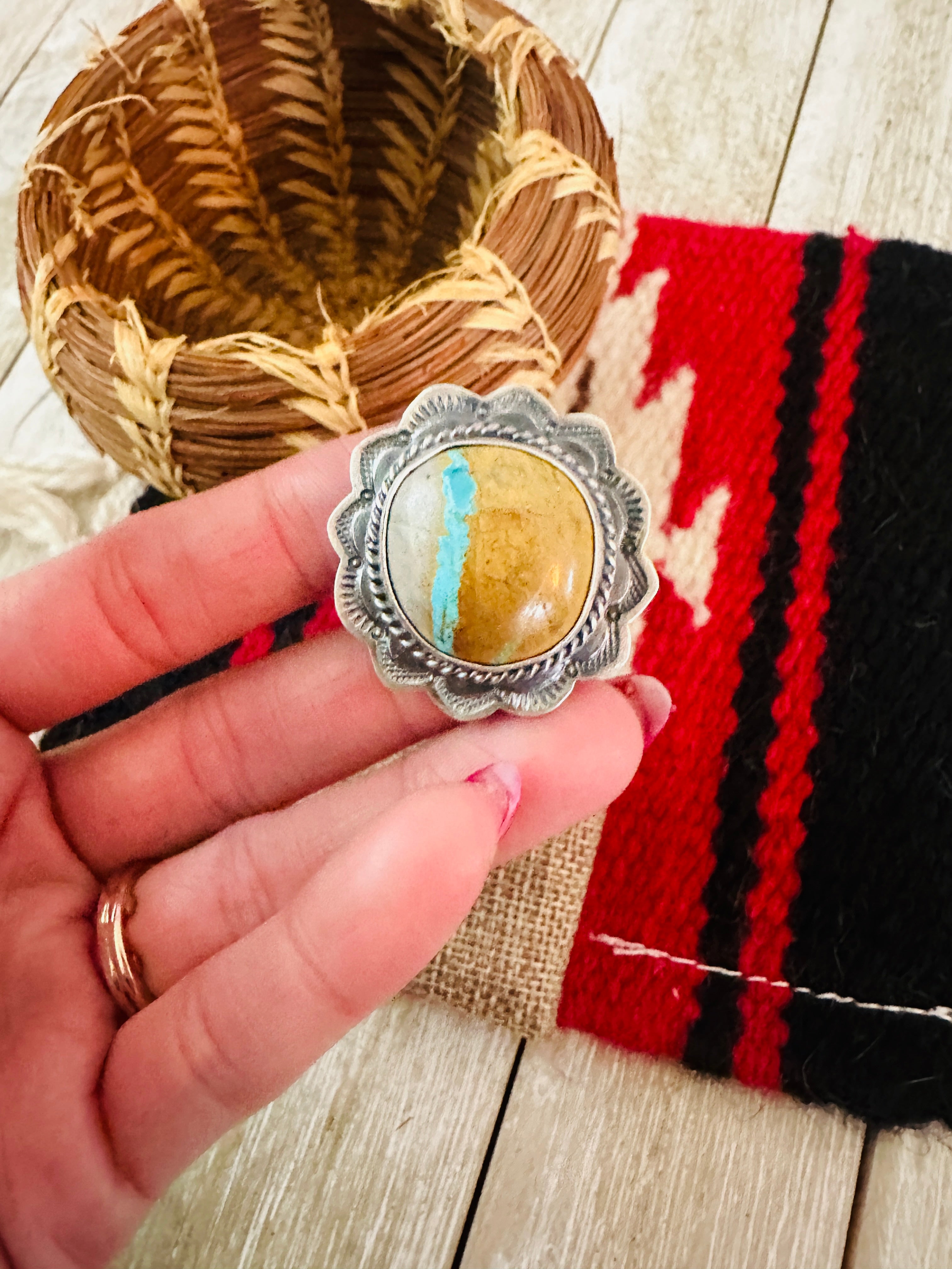 Handcrafted Ribbon Turquoise & Sterling Silver Ring Size 6.5