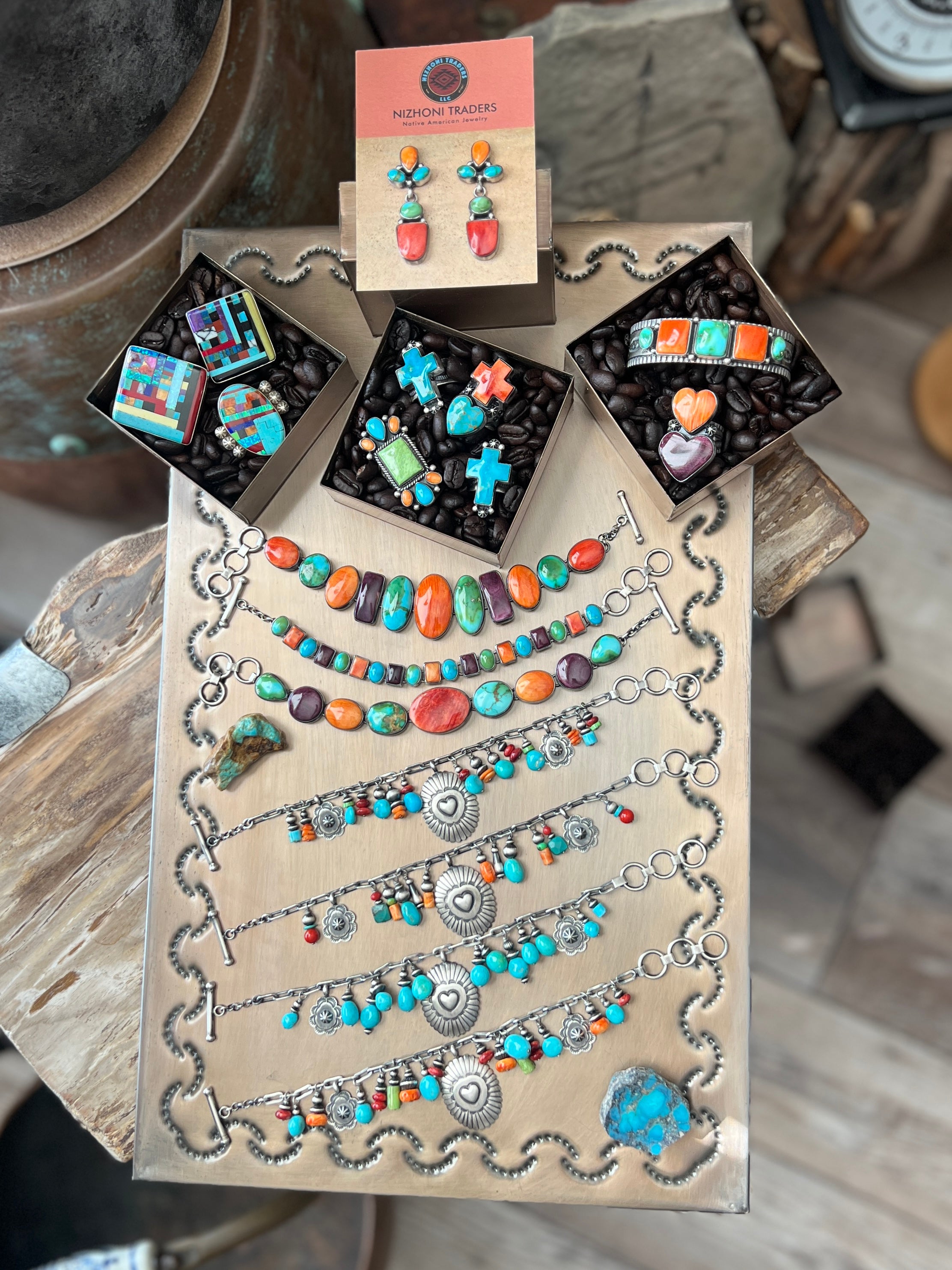 Raymond Coriz Handcrafted Sterling Silver Concho & Multistone Beaded Charm Bracelets