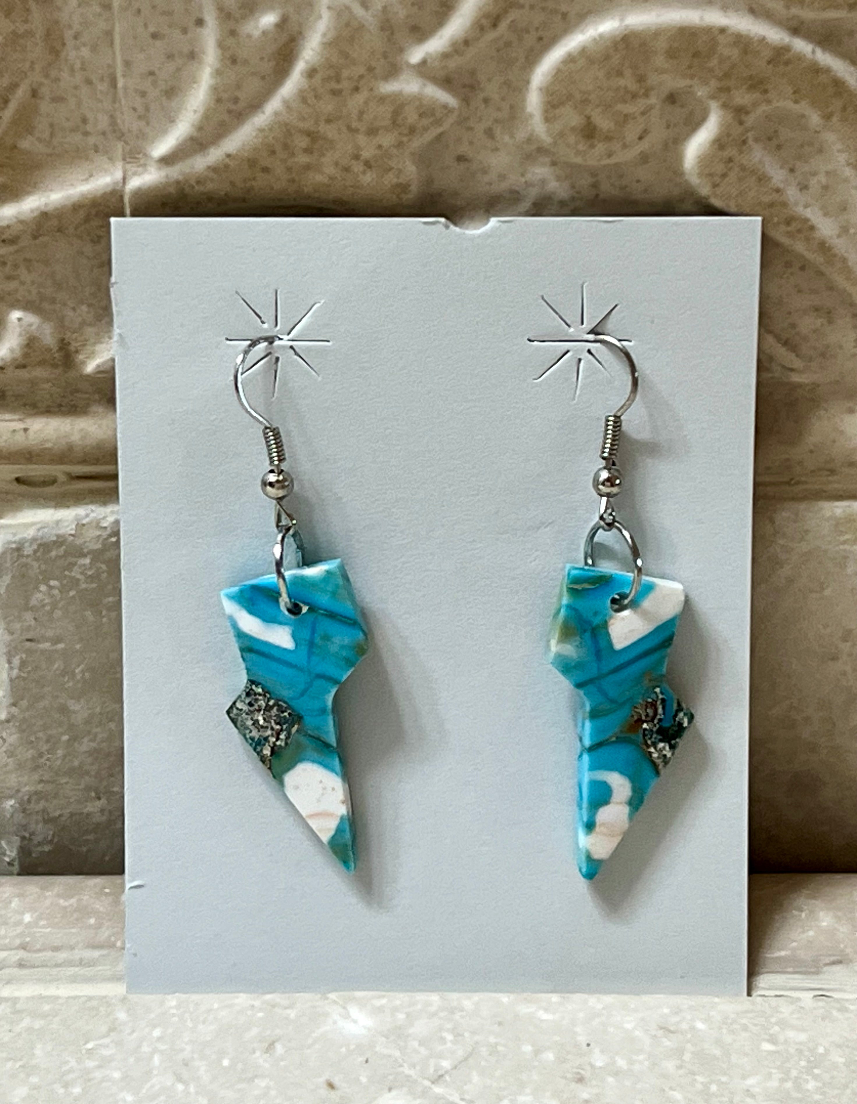 Navajo Turquoise Sterling Silver Lightning Bolt Slab Earrings