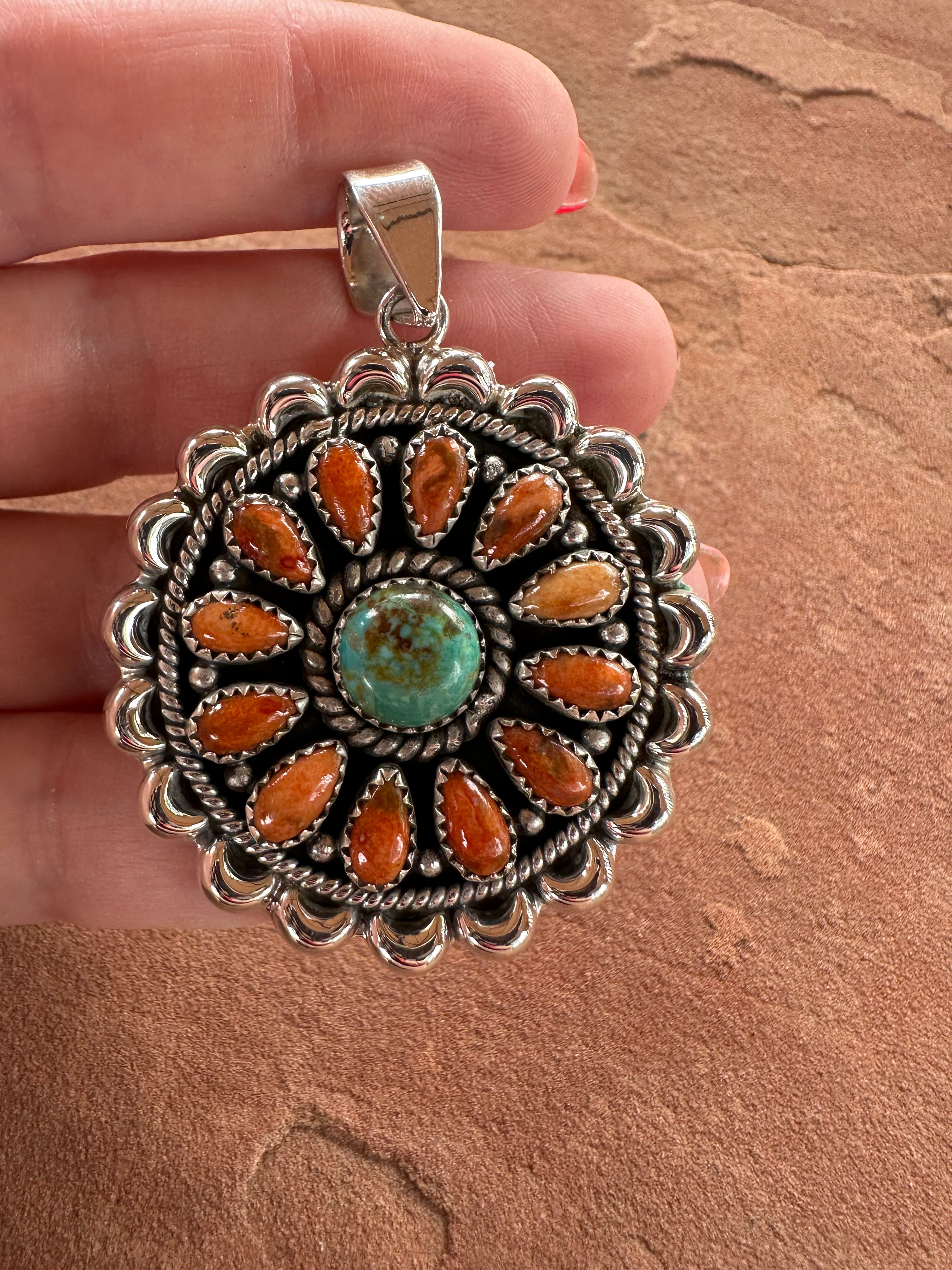 Beautiful Handmade Sterling Silver, Orange Mojave & Turquoise Cluster Pendant