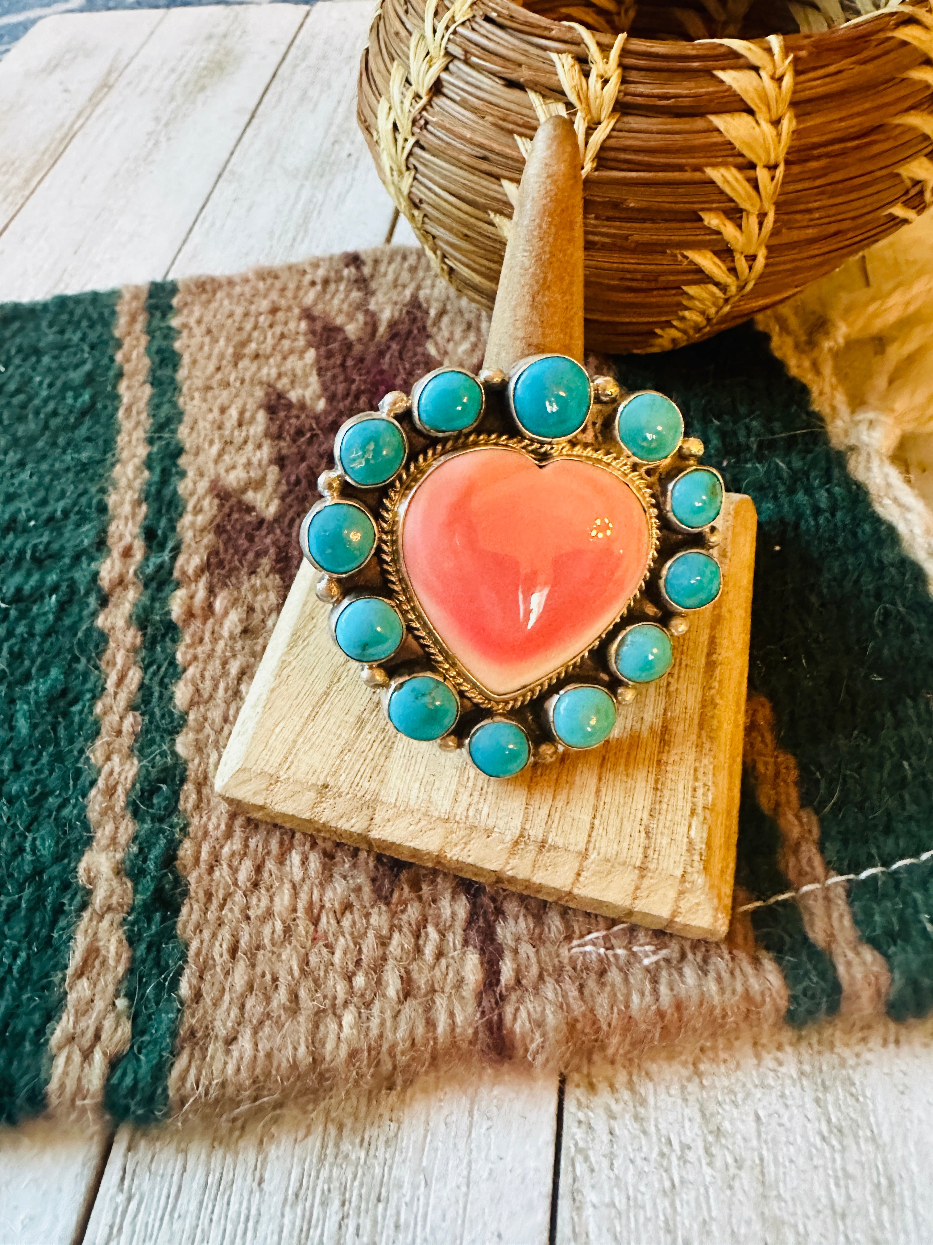 Navajo Sterling Silver, Queen Pink Conch & Turquoise Heart Adjustable Ring