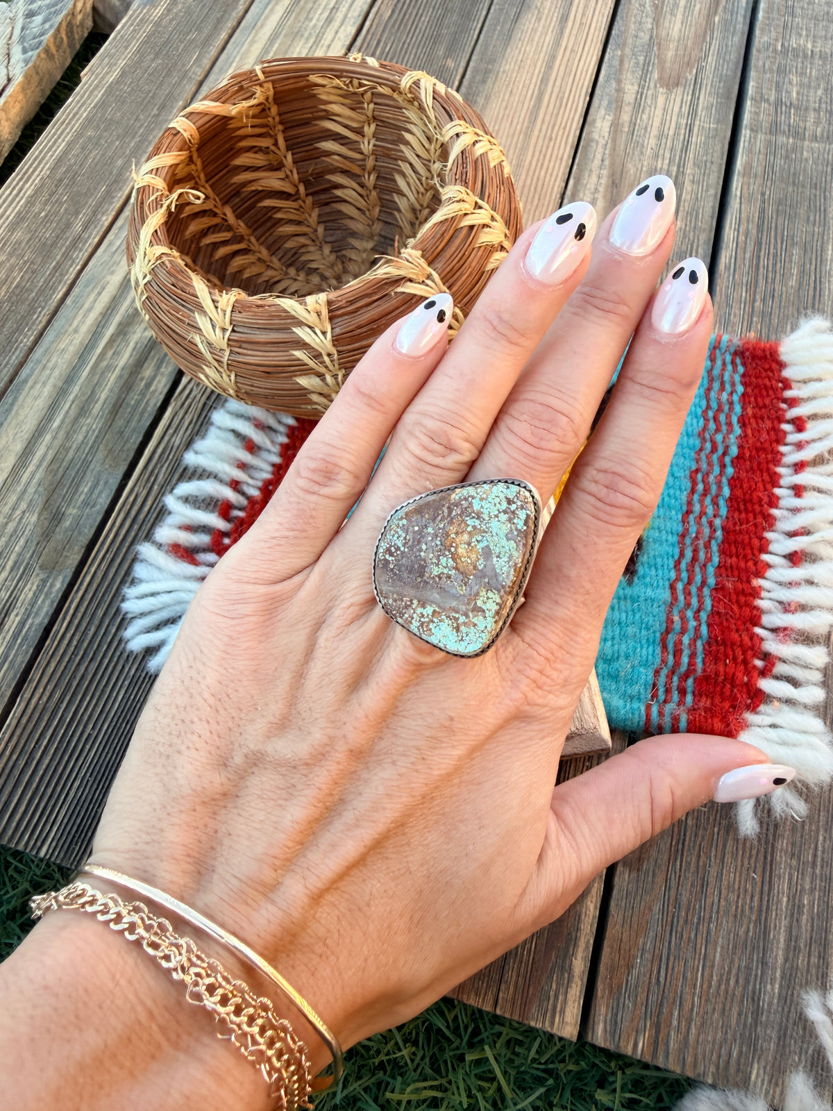 Handcrafted Number 8 Turquoise & Sterling Silver Ring Size 13 by Leslie Nez