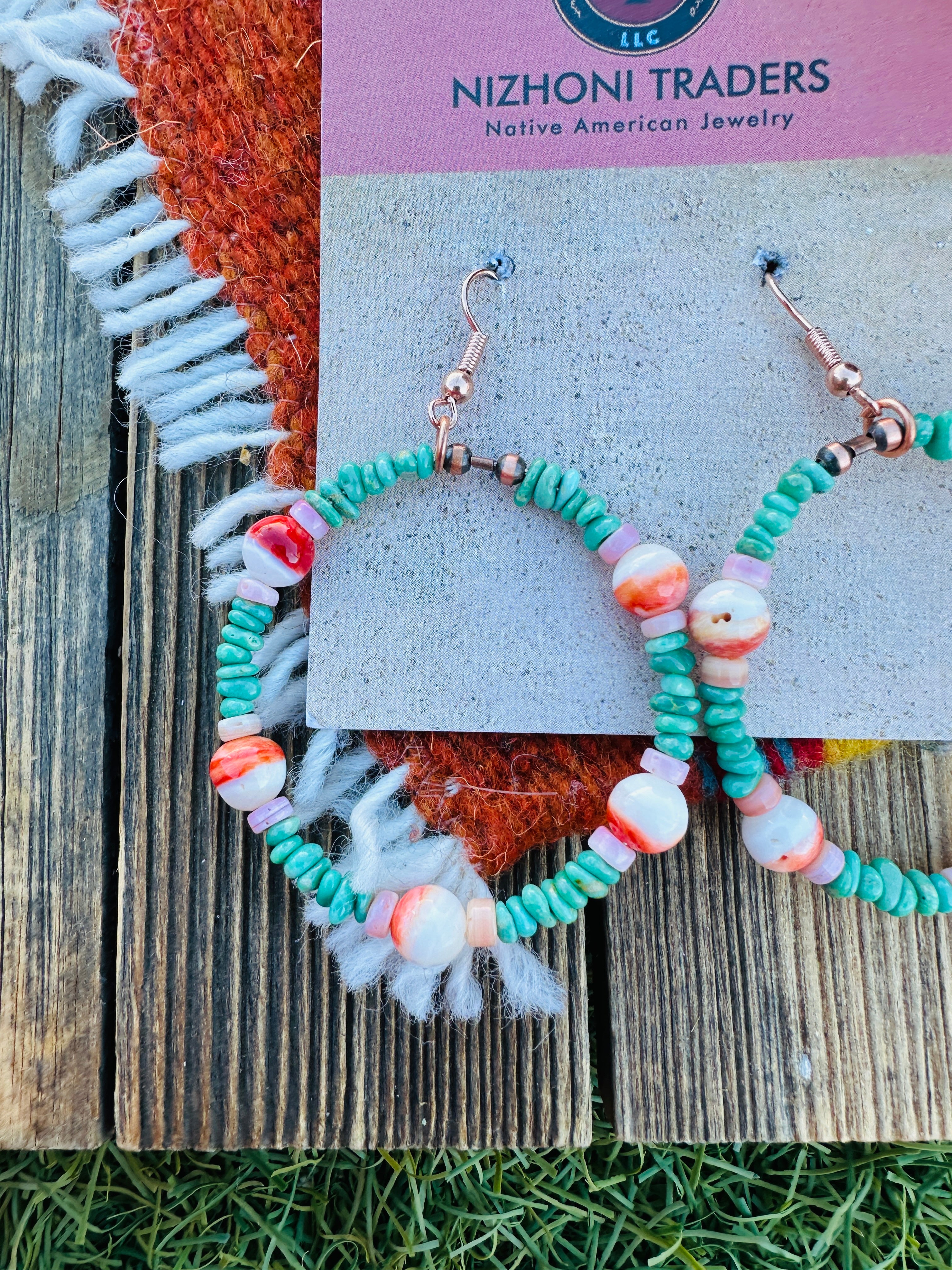 Handcrafted Queen Pink Conch, Turquoise & Copper Beaded Dangle Hoop Earrings