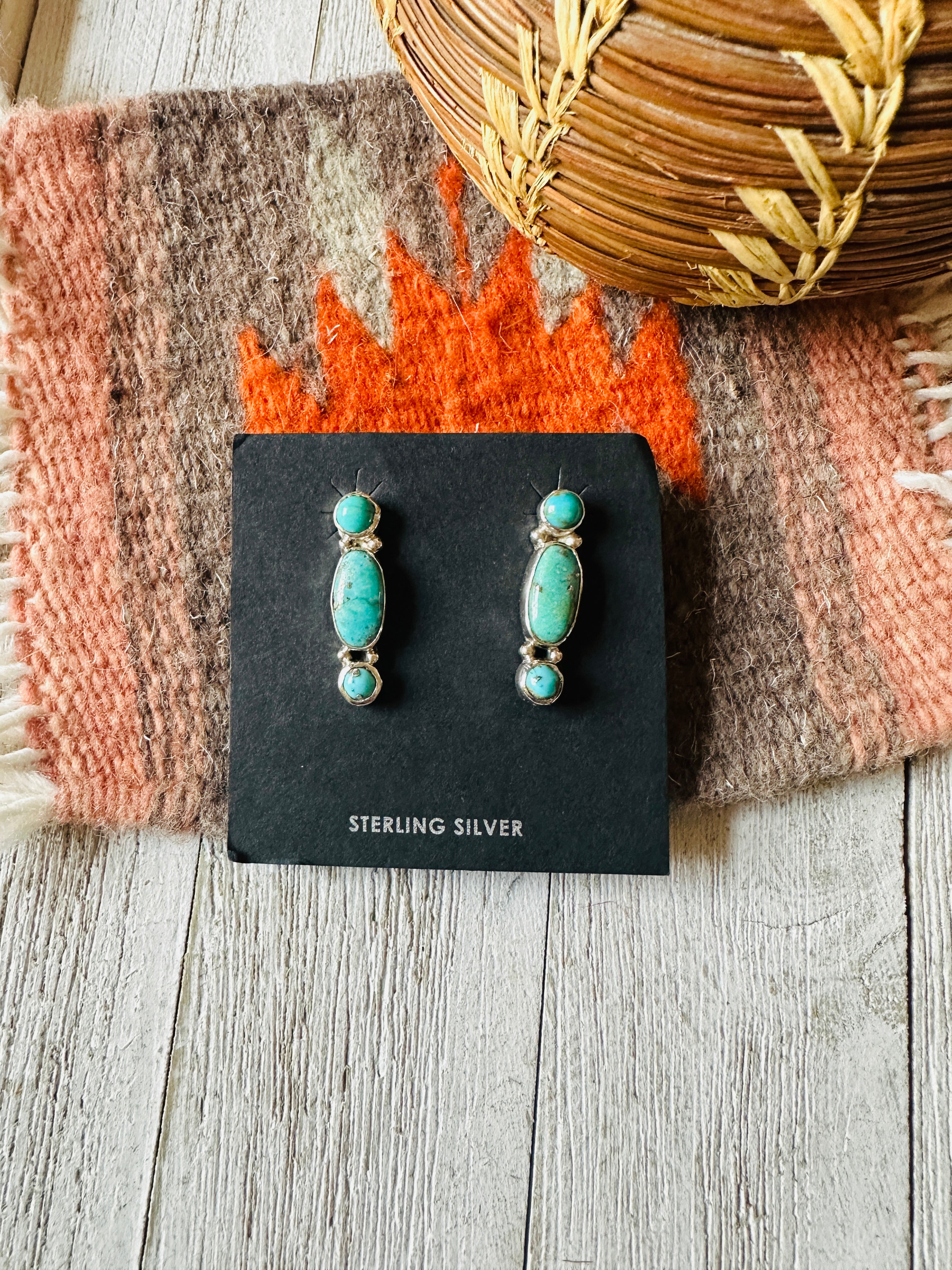 Navajo 3-Stone Turquoise And Sterling Silver Dangle Earrings