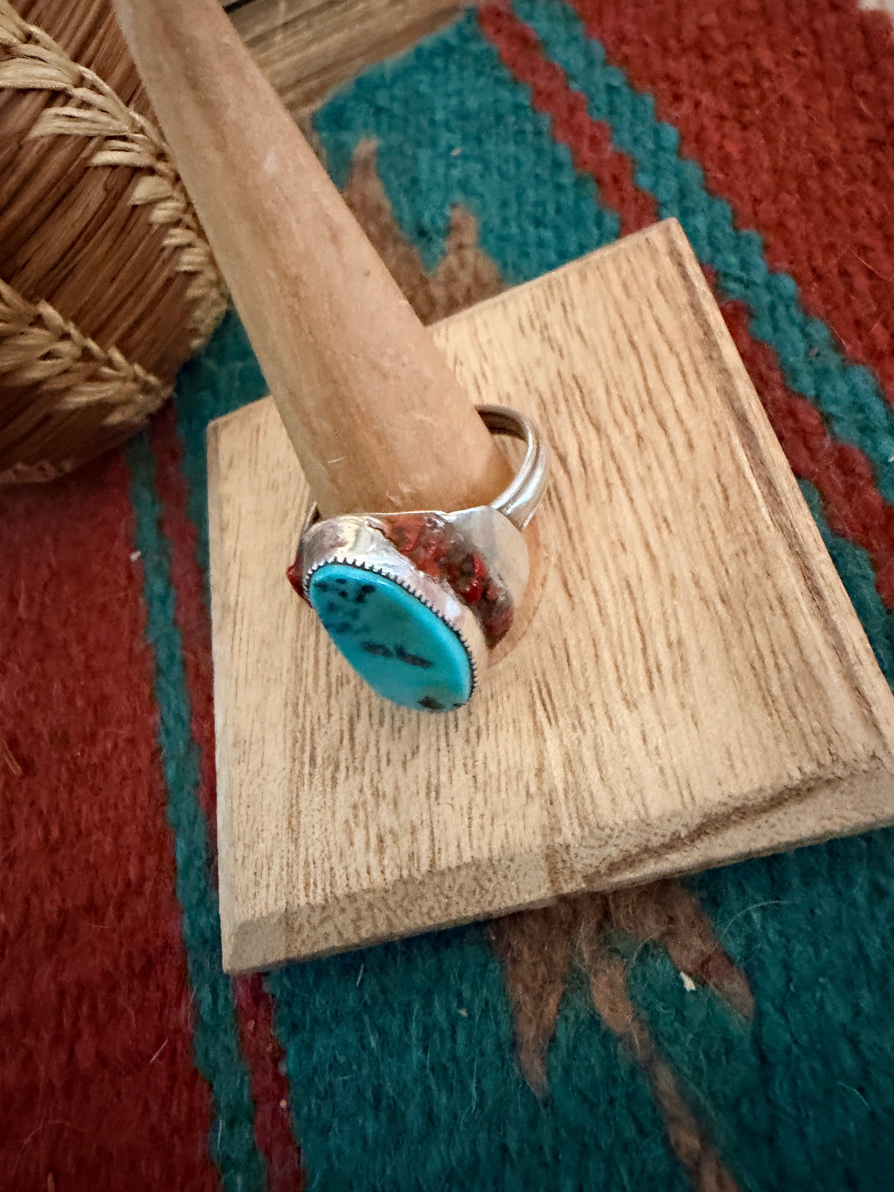 Old Pawn Handcrafted Turquoise, Coral & Sterling Silver Ring Size 14.5