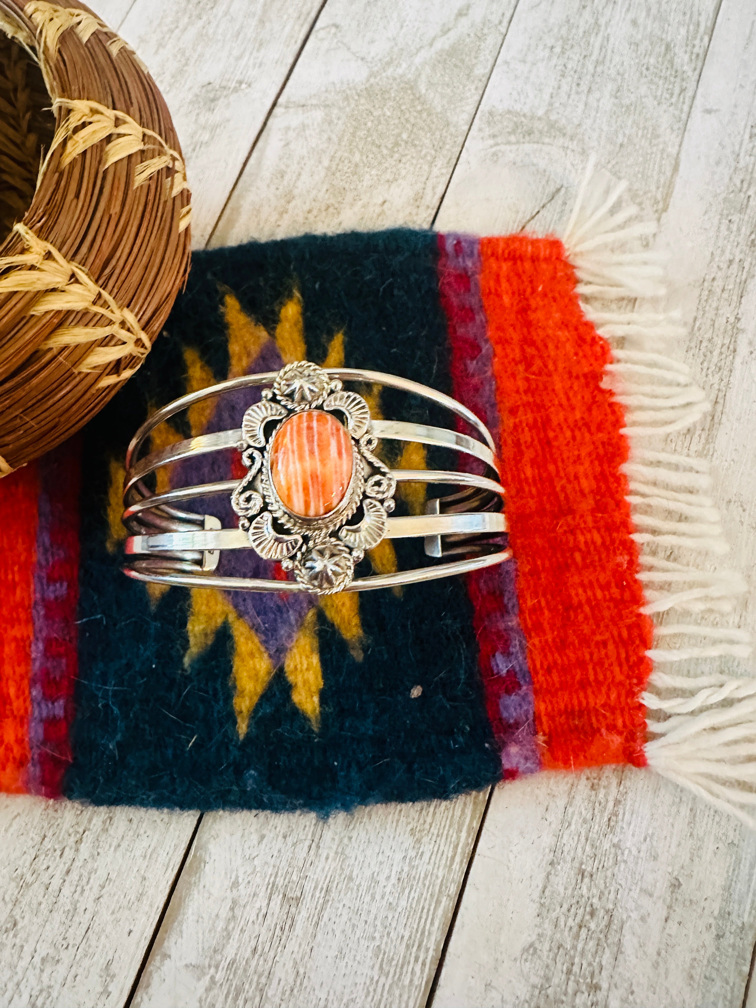 Navajo Sterling Silver & Orange Spiny Oyster Cuff Bracelet