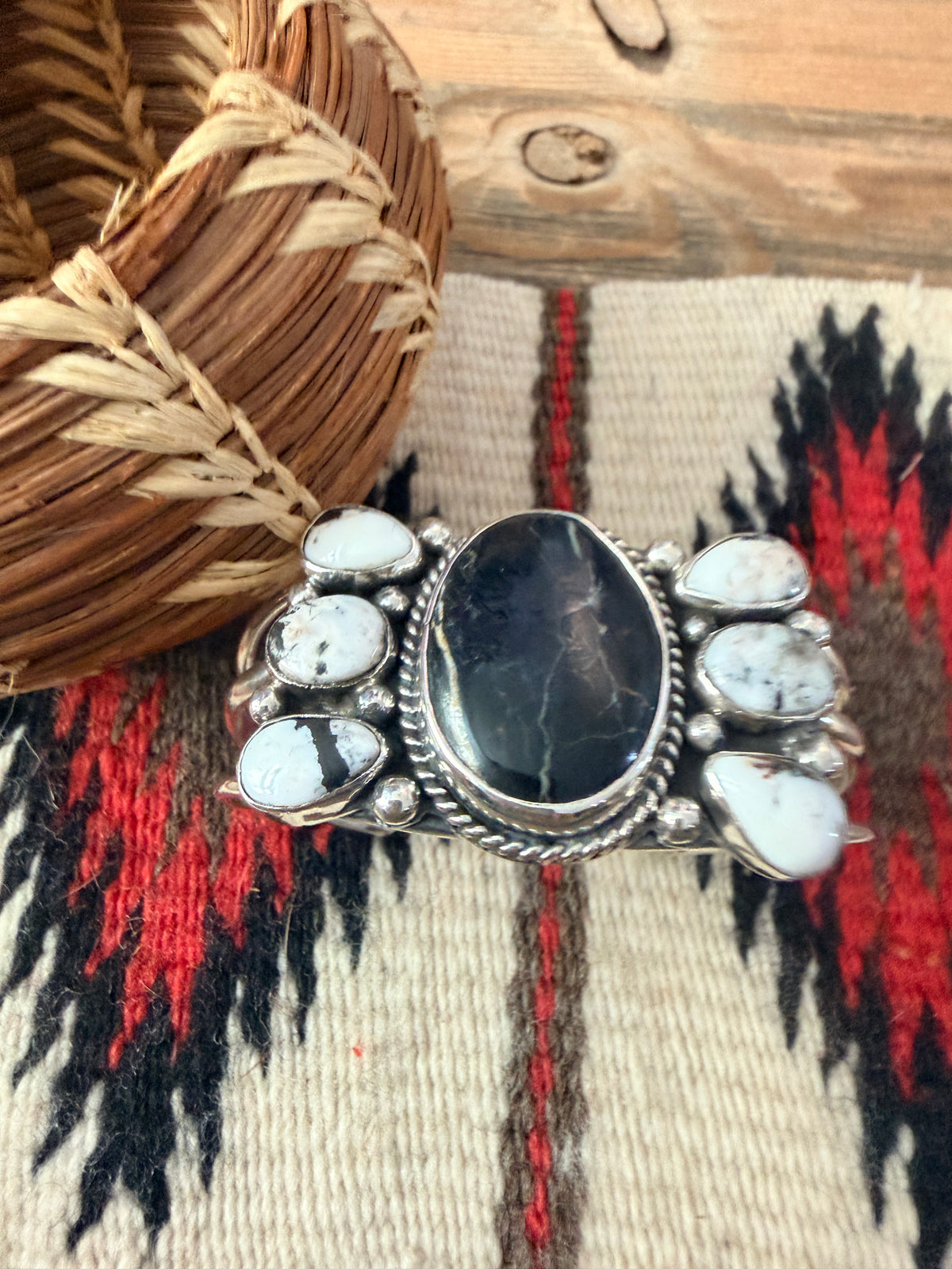 Handcrafted White Buffalo & Sterling Silver Cuff Bracelet by Charlene Yazzie