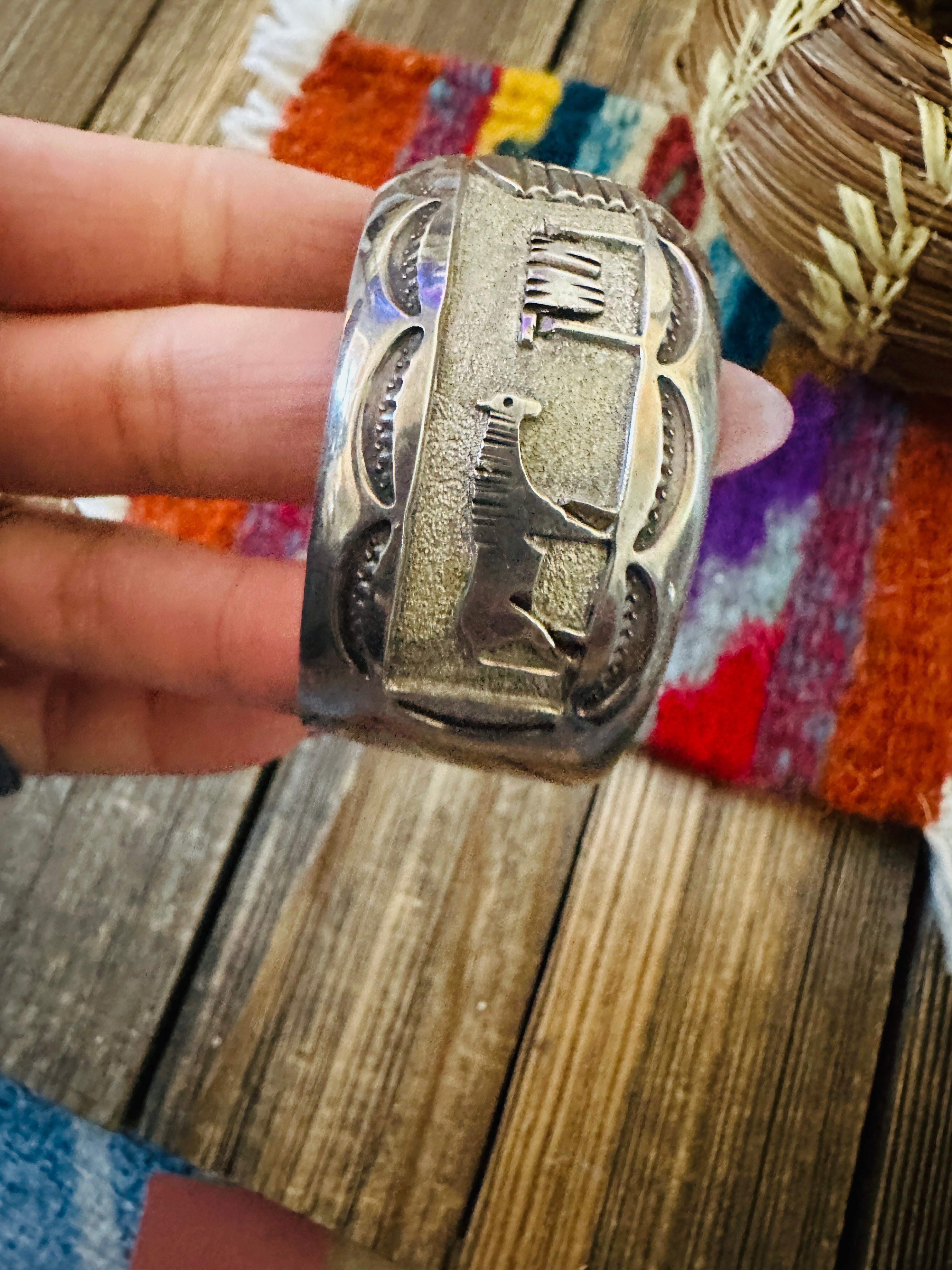 Handcrafted Old Pawn Sterling Silver Storyteller Cuff Bracelet