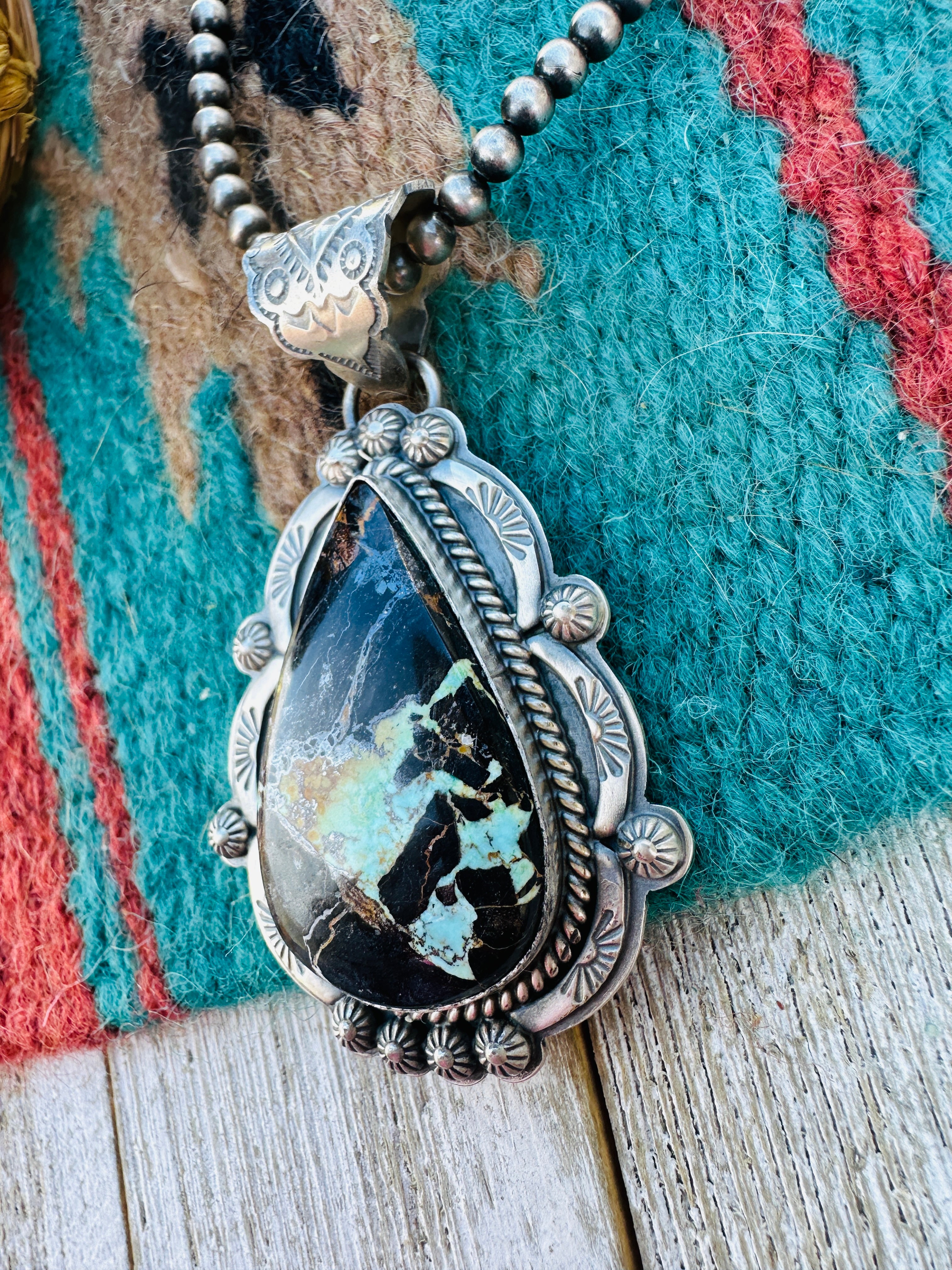 Handcrafted Sterling Silver & Blackjack Turquoise Pendant