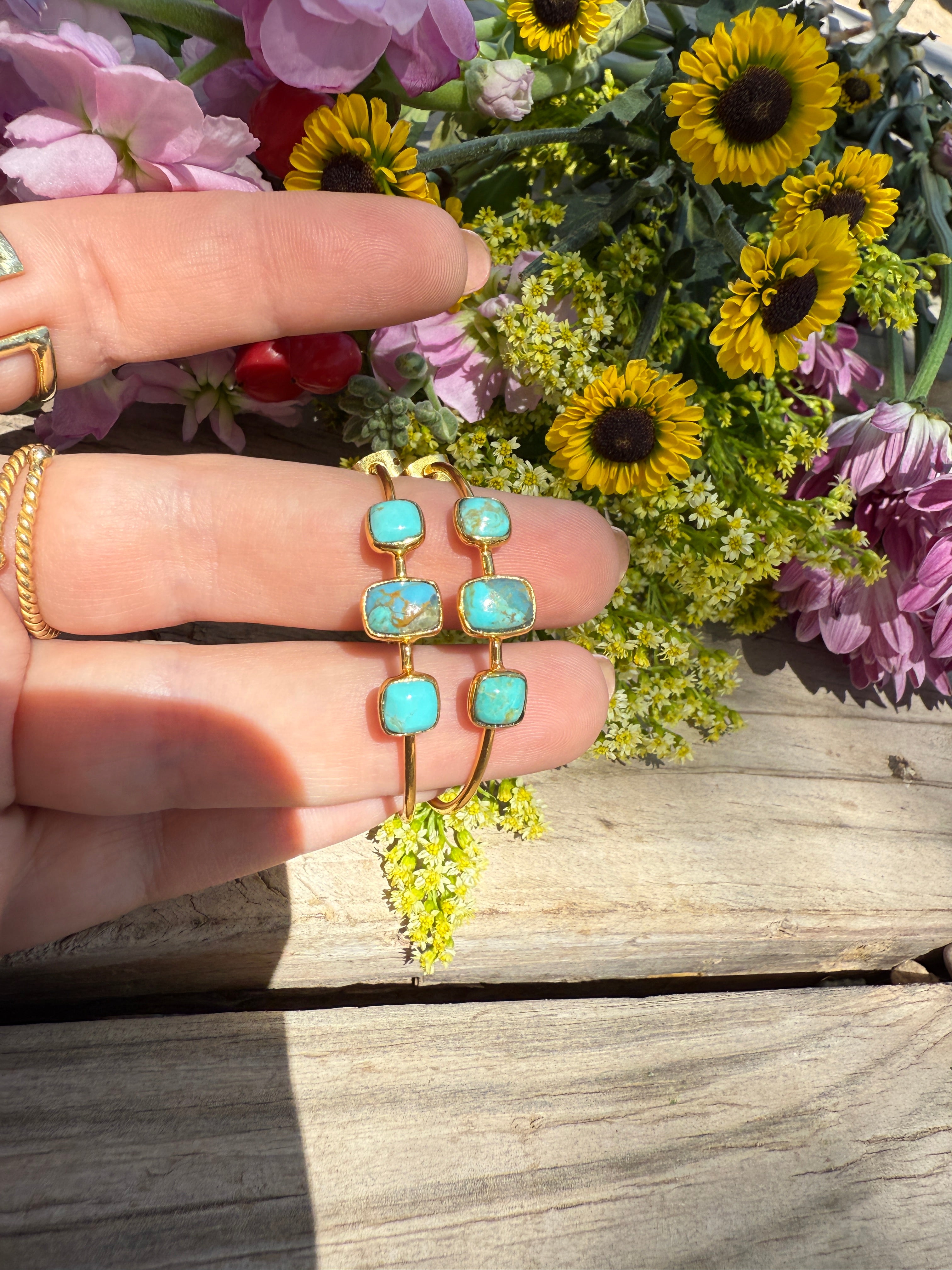 “The Golden Collection” Golden Hoops Handmade Turquoise & Gold Plated Hoop 3 Stone Earrings
