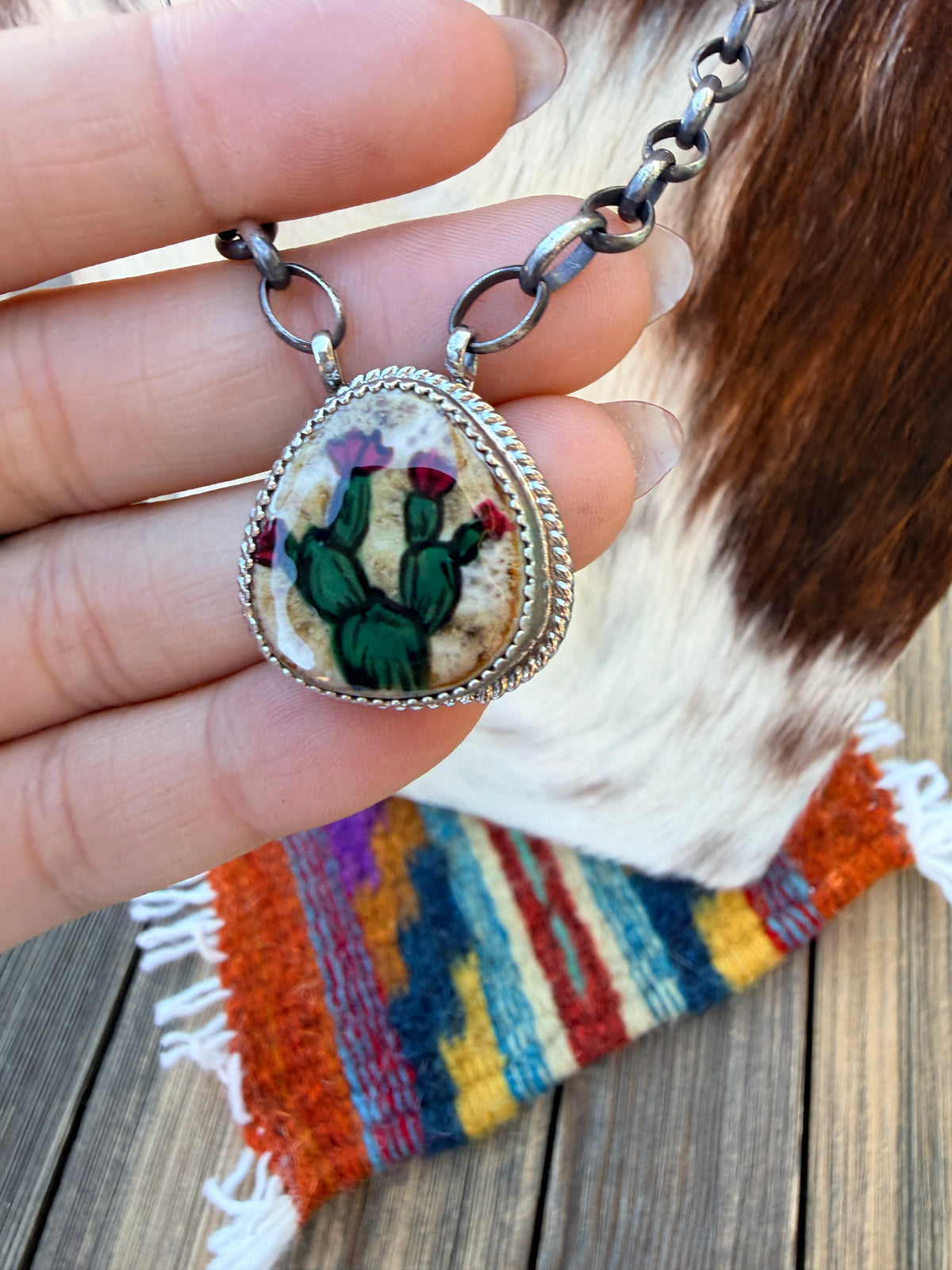 Handmade Sterling Silver & Jasper Painted Cactus Necklace