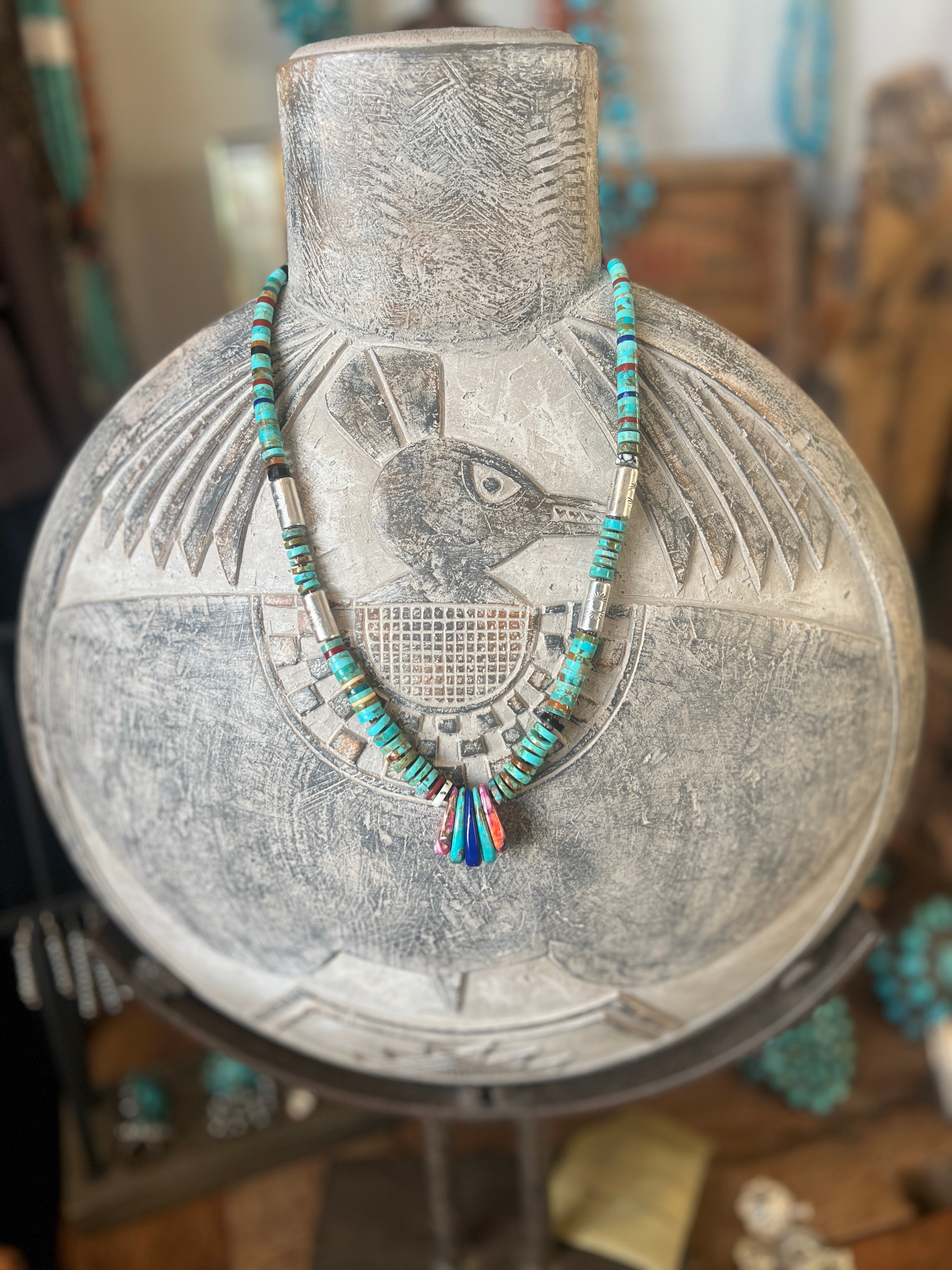 Ronald Chavez Handcrafted Sterling Silver & Multistone Heishi Beaded Necklace with Tabs, 22 inches