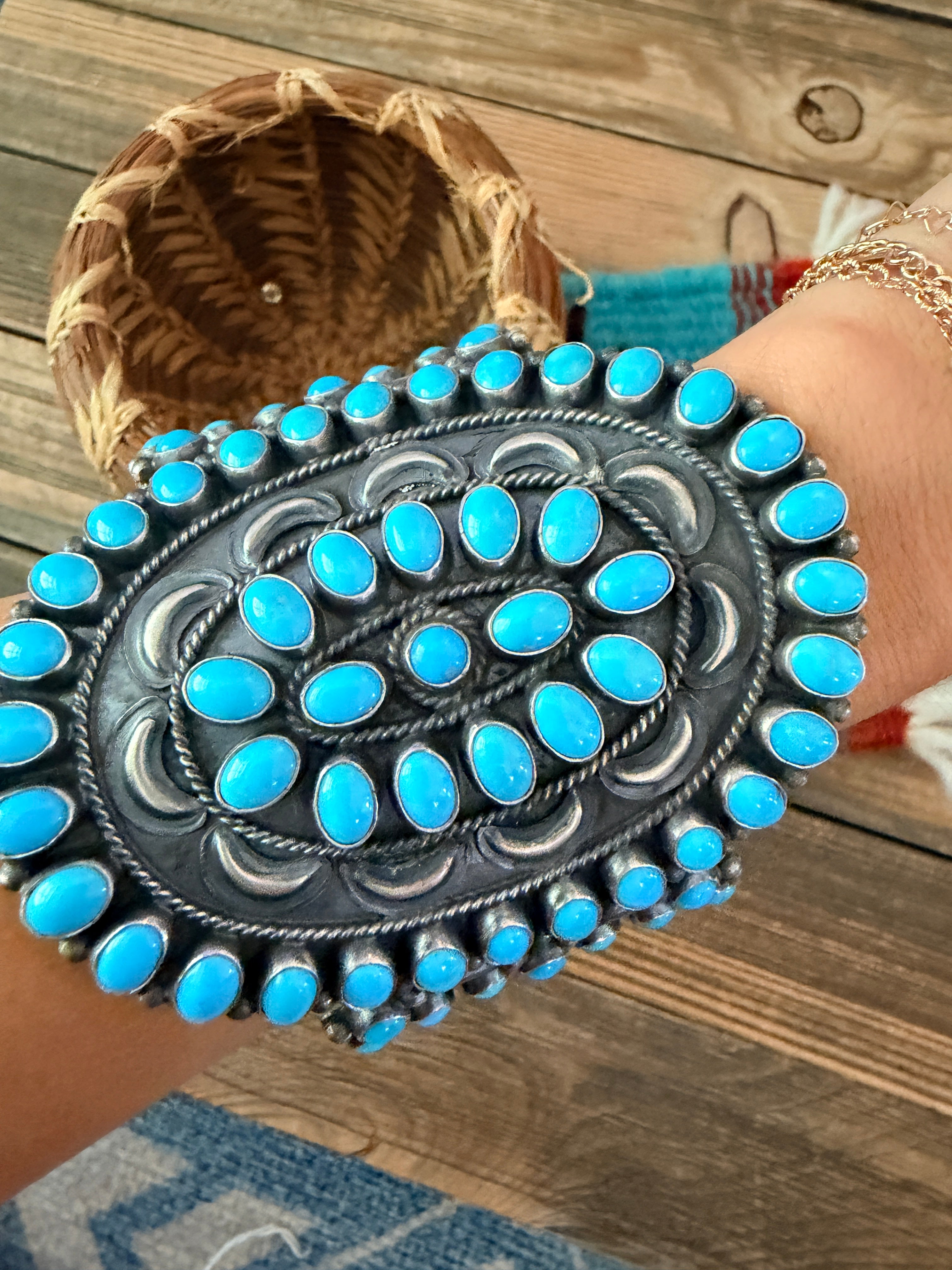 Handcrafted Sterling Silver & Turquoise Cluster Cuff Bracelet by Anthony Skeets