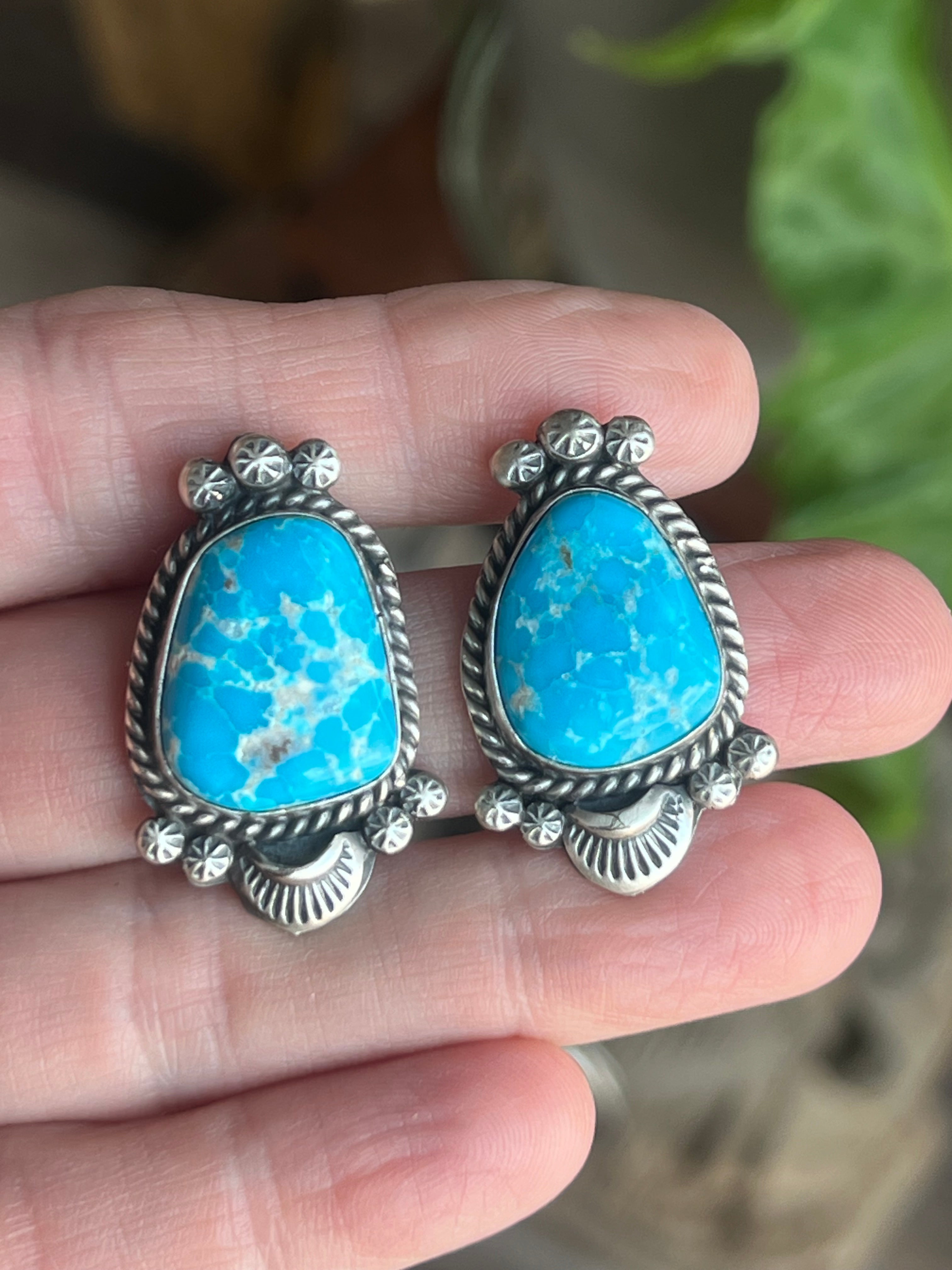 Handcrafted Stellar Sterling Silver and Whitewater Turquoise  Necklace and Earrings Set by Gilbert Tom