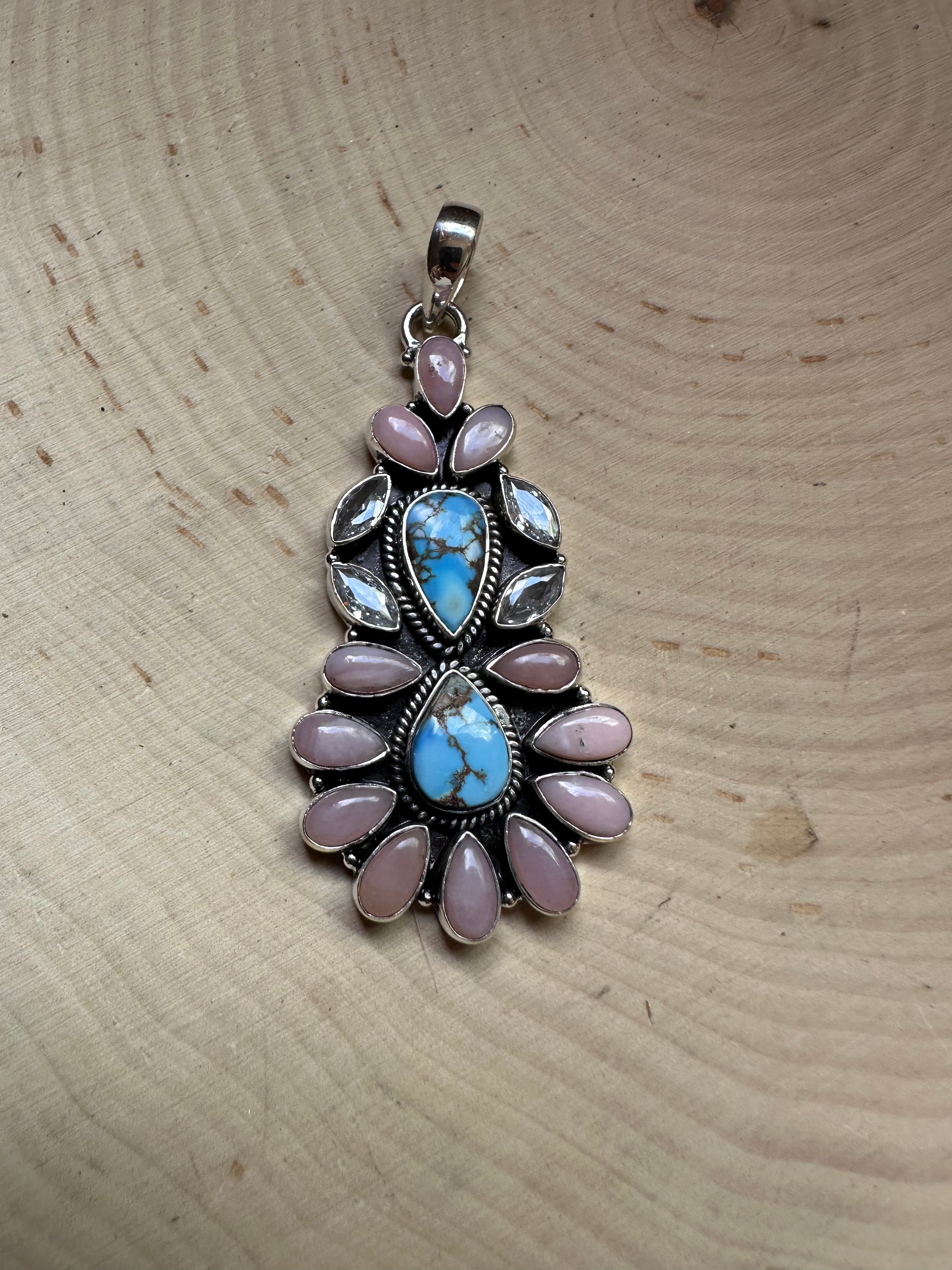 Handmade Sterling Silver, Golden Hills Turquoise, CZ & Pink Conch Pendant