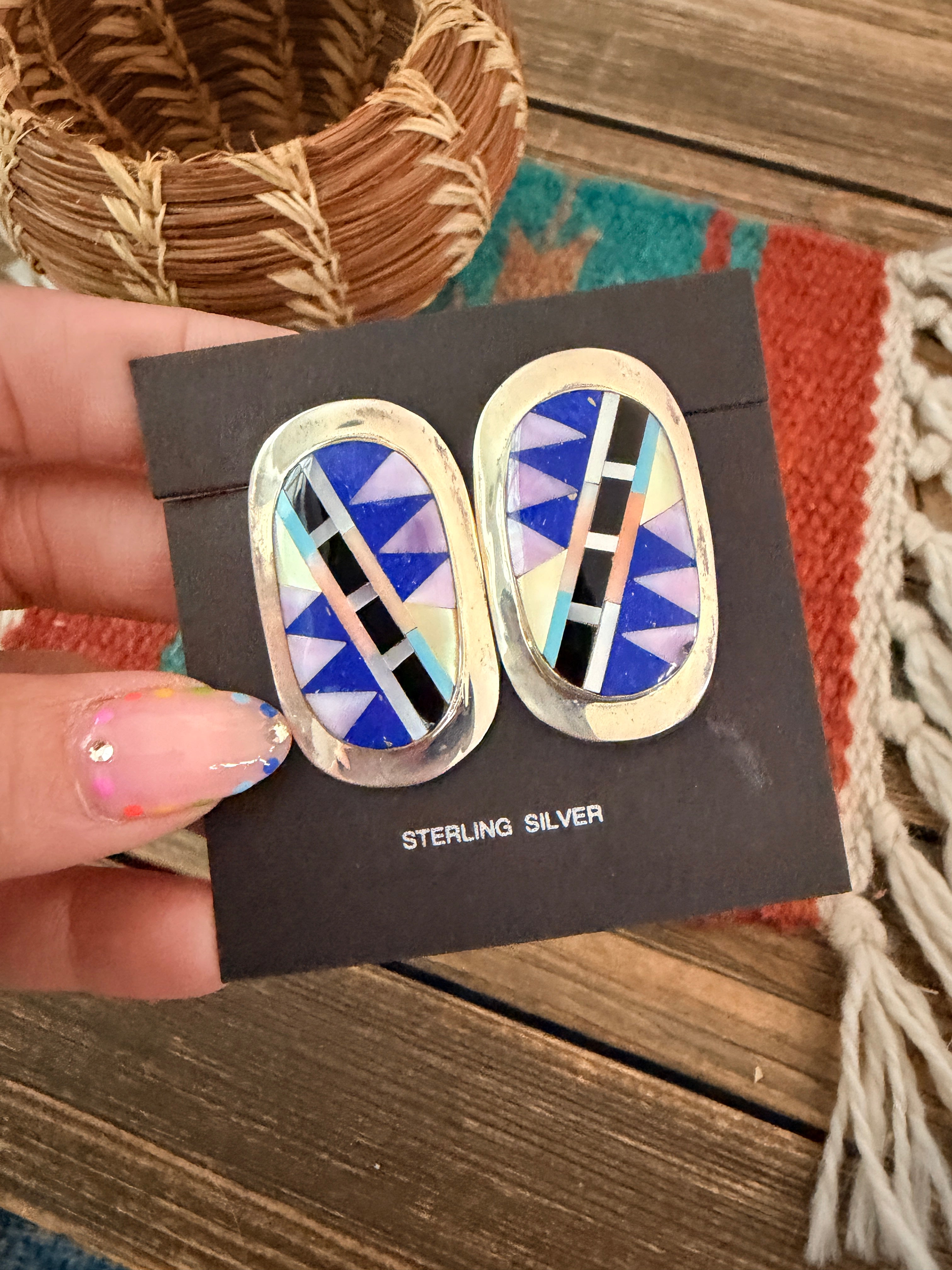 Old Pawn Handcrafted Sterling Silver & Multi Stone Inlay Post Earrings