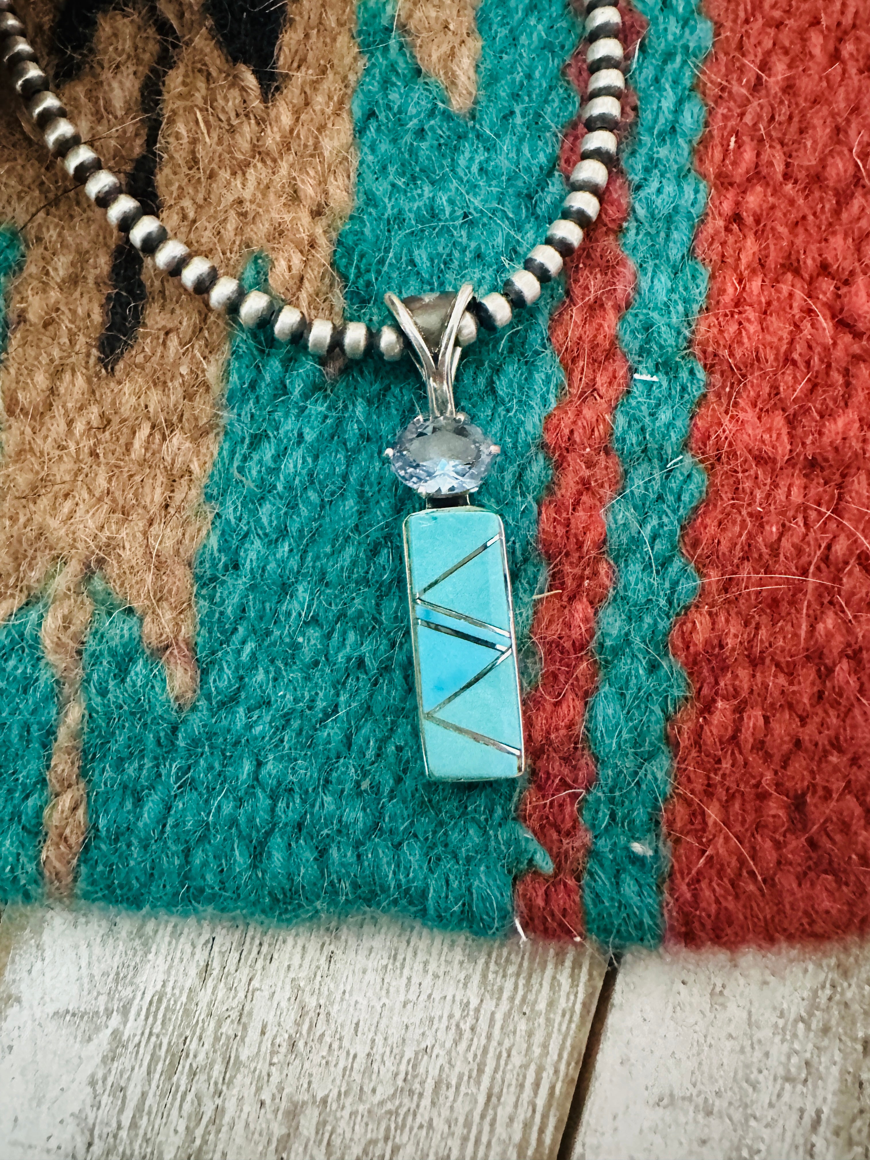 Navajo Turquoise, Aquamarine & Sterling Silver Inlay Pendant