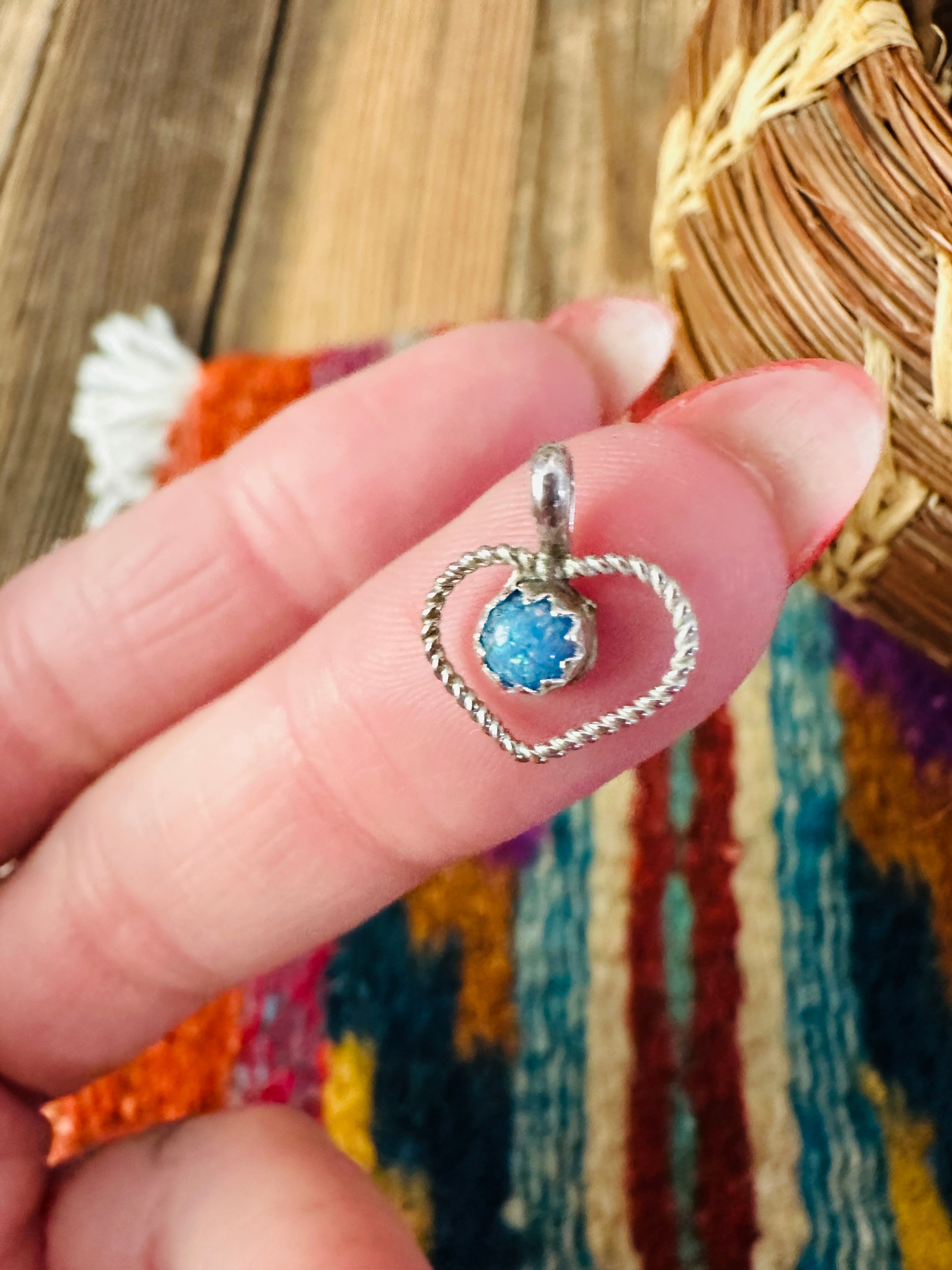 Handcrafted Sterling Silver and Blue Fire Opal Mini Heart Pendant