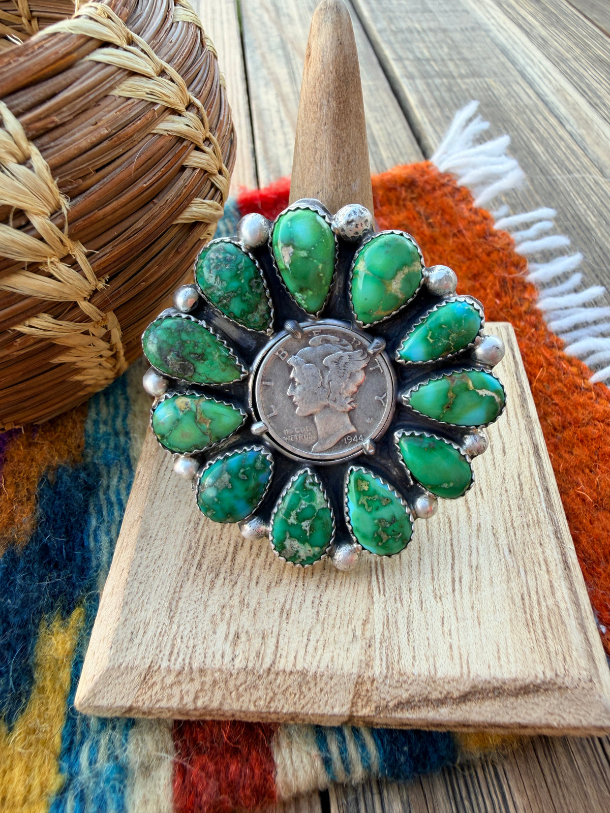Handcrafted Sonoran Mountain Turquoise & Sterling Silver Liberty Dime Adjustable Ring by Michael Thomas Jr.