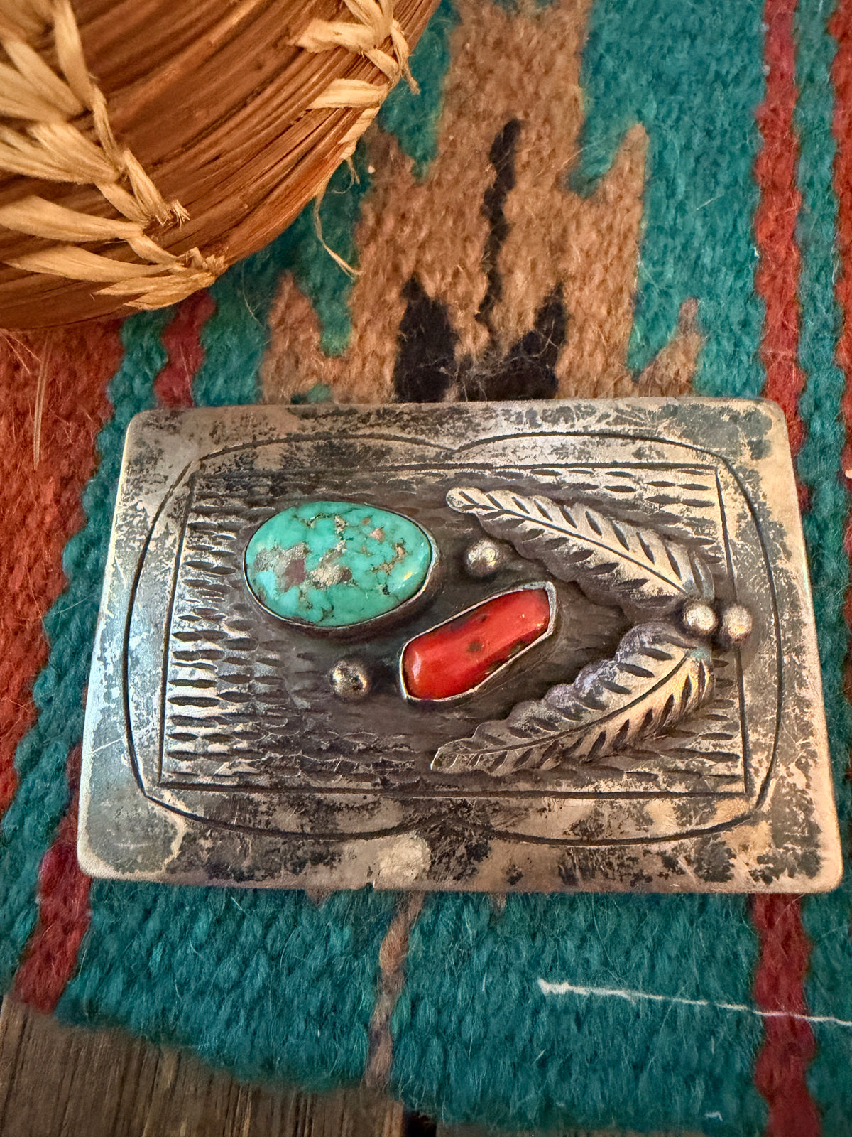 Handcrafted Vintage Old Pawn Sterling Silver, Turquoise & Coral Belt Buckle